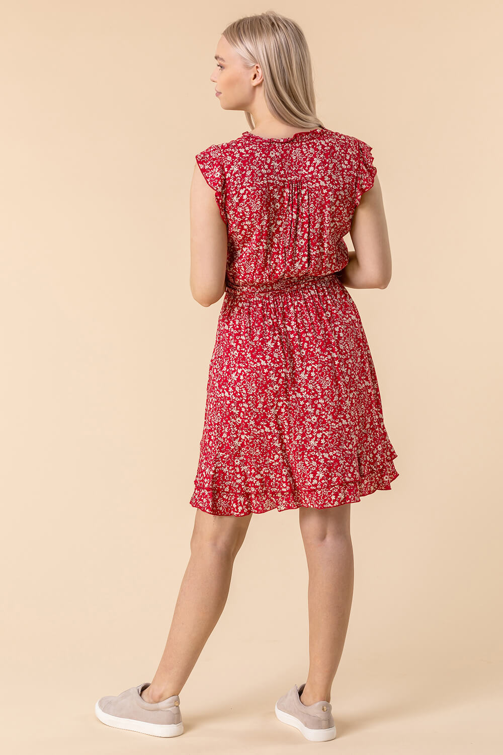 Red Floral Wrap Frill Dress, Image 2 of 5