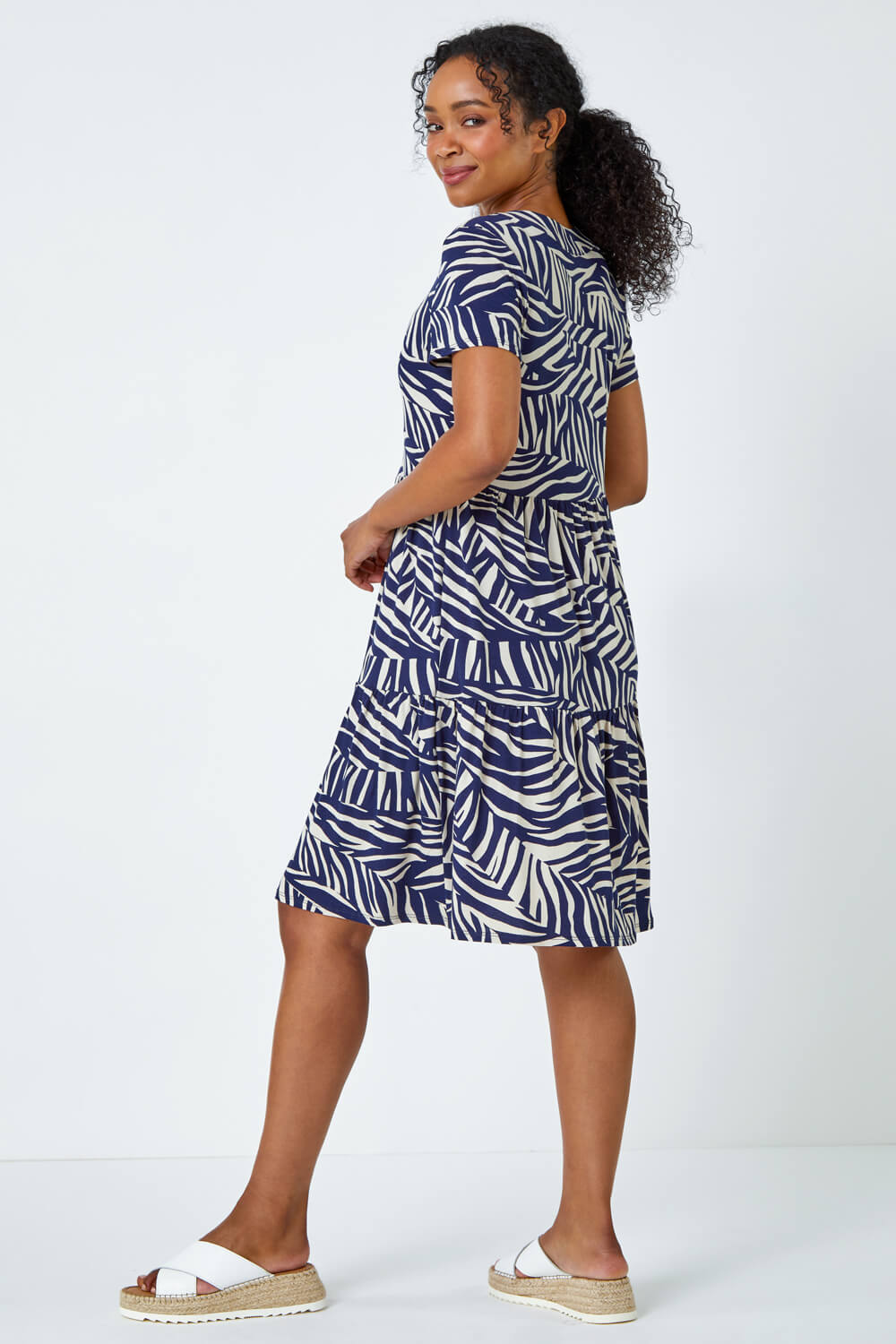 Navy  Petite Animal Print Ruched Stretch Dress, Image 3 of 5