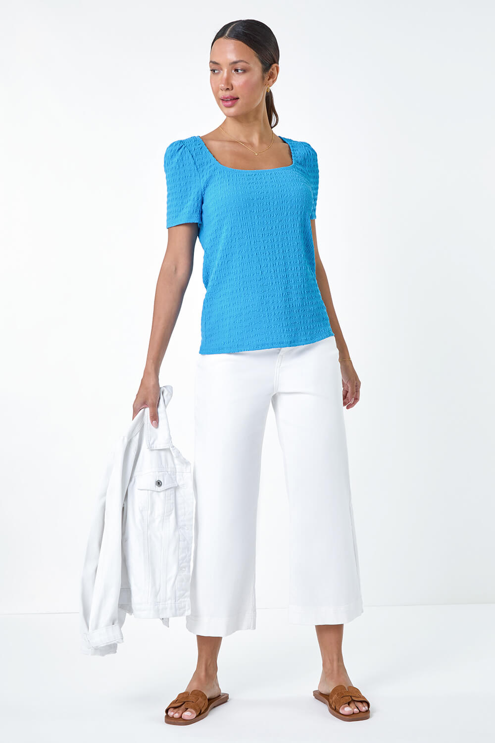 Turquoise Textured Square Neck Stretch Top, Image 2 of 5