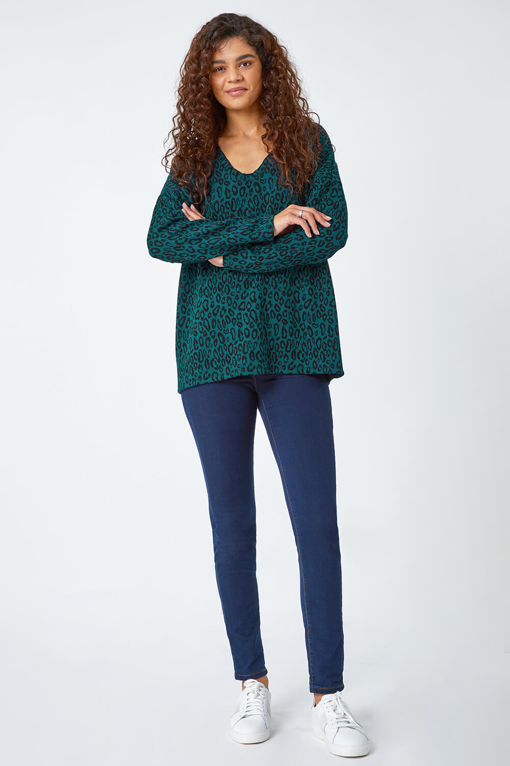 Teal Animal Print Tunic Stretch Top, Image 4 of 5