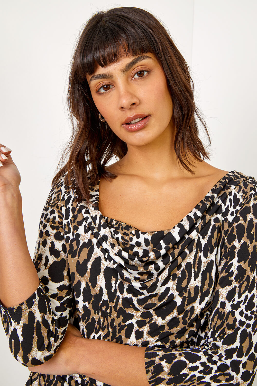 Tan Animal Print Cowl Neck Stretch Top, Image 4 of 5