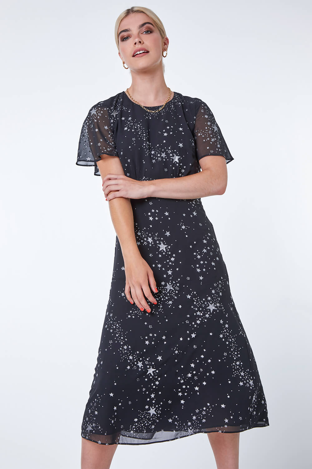 Star Print Chiffon Midi Dress