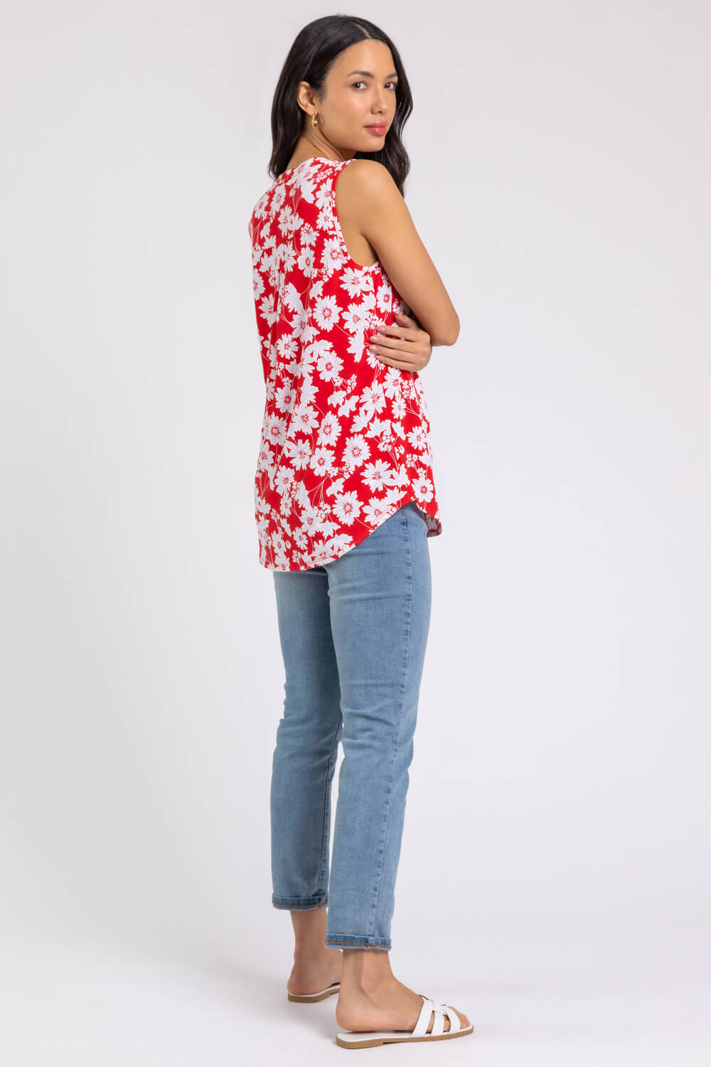 Red Floral Puff Print Notch Neck Top, Image 2 of 4