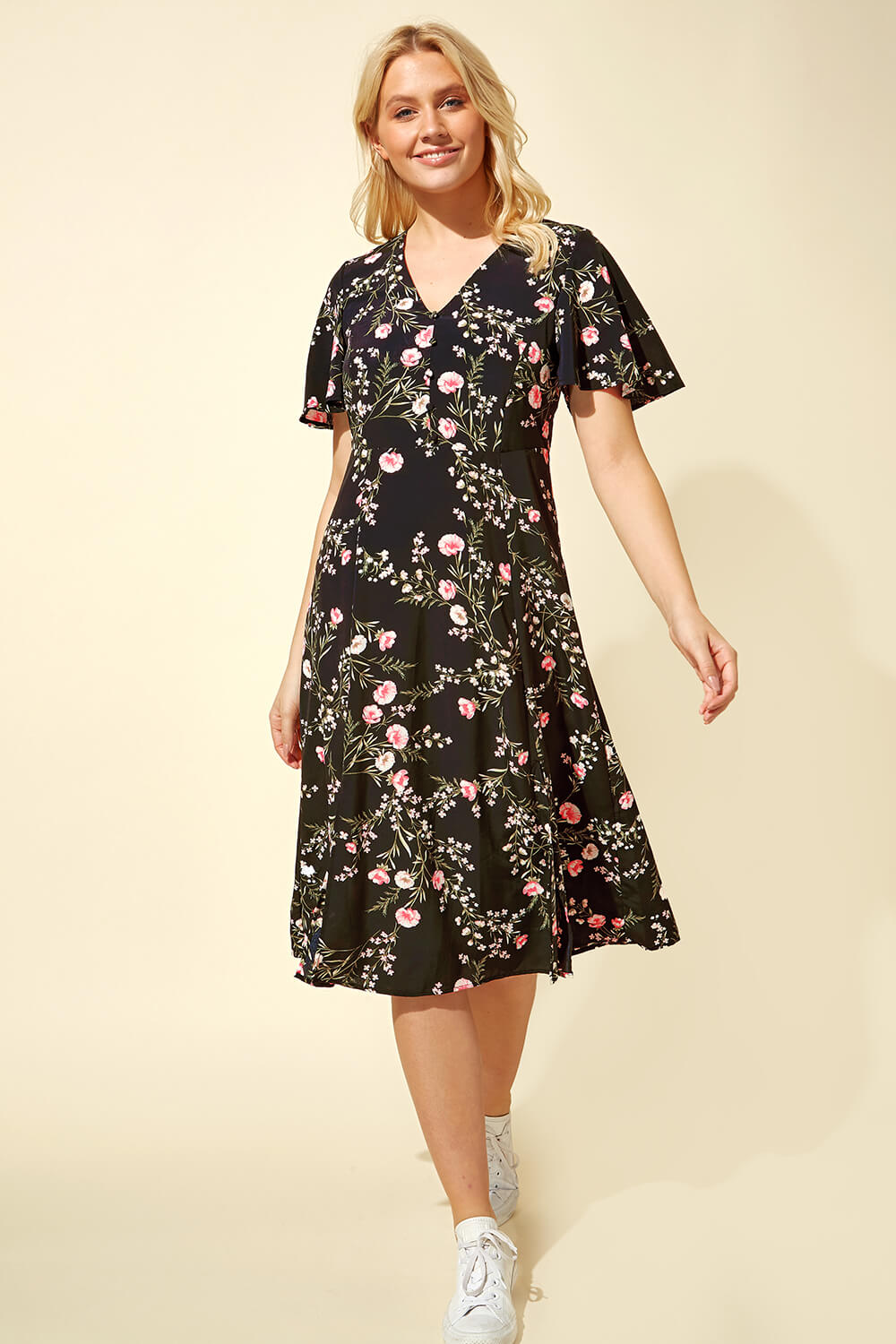Floral Print Midi Tea Dress in Black - Roman Originals UK