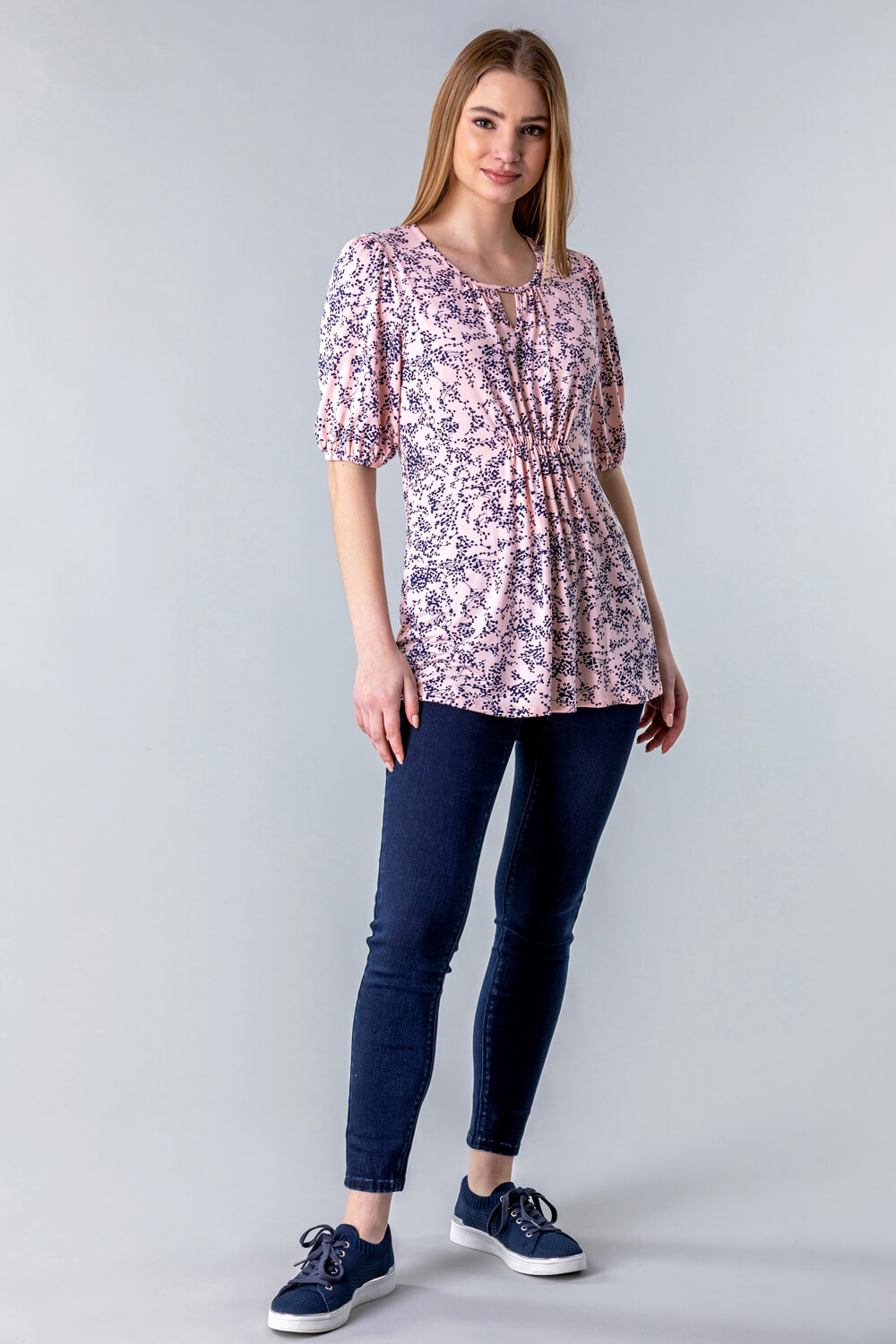 Light Pink Ruched Key Hole Neck Floral Top, Image 3 of 4