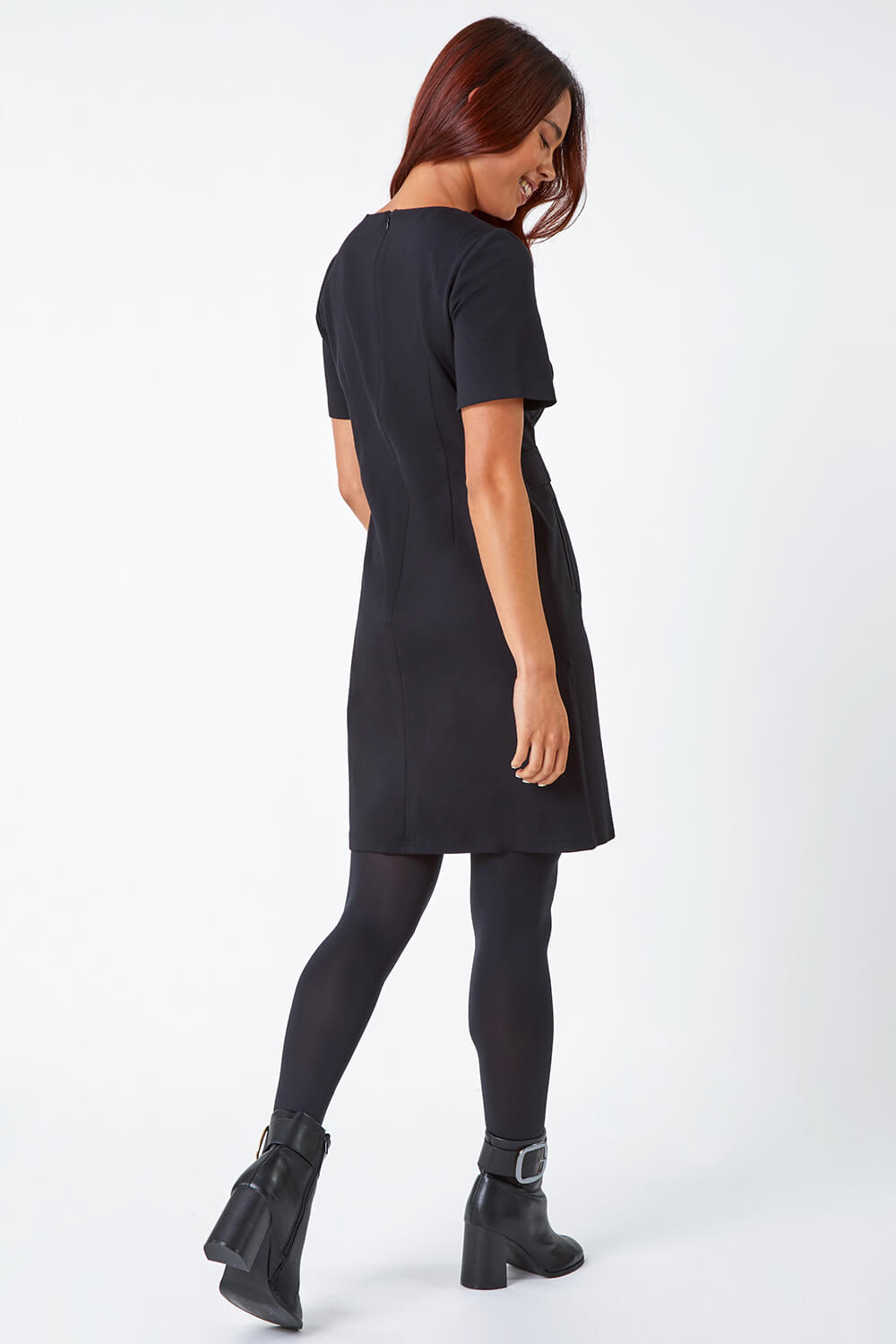 Black Petite Belted Shift Stretch Dress, Image 3 of 5
