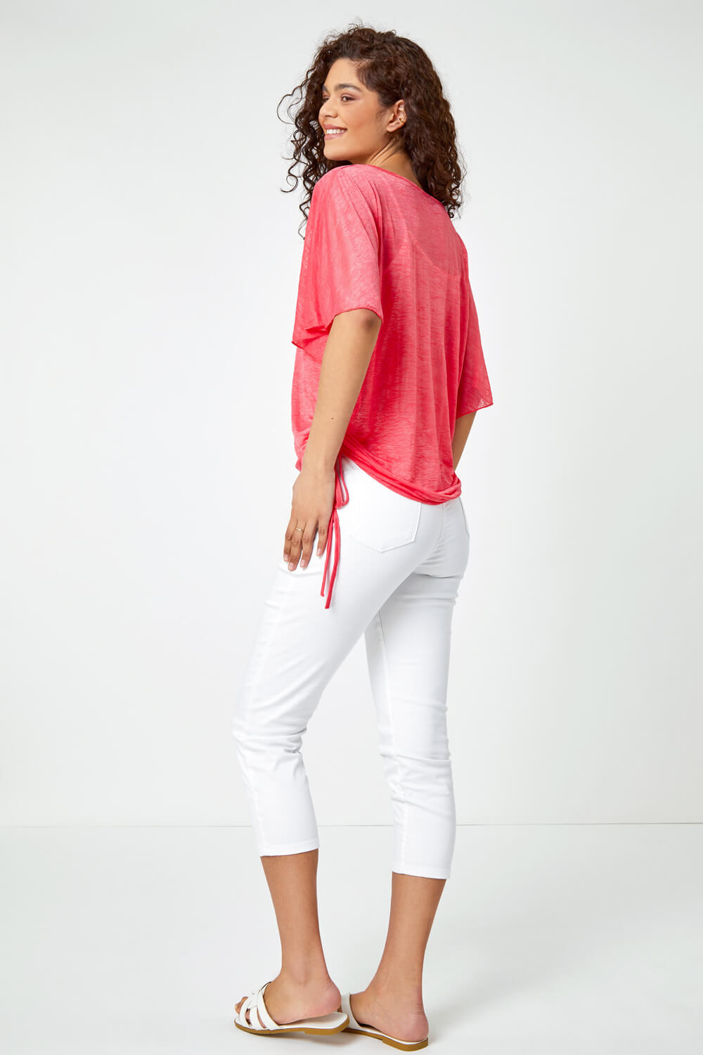 PINK Ruched Batwing Mesh Top, Image 3 of 5