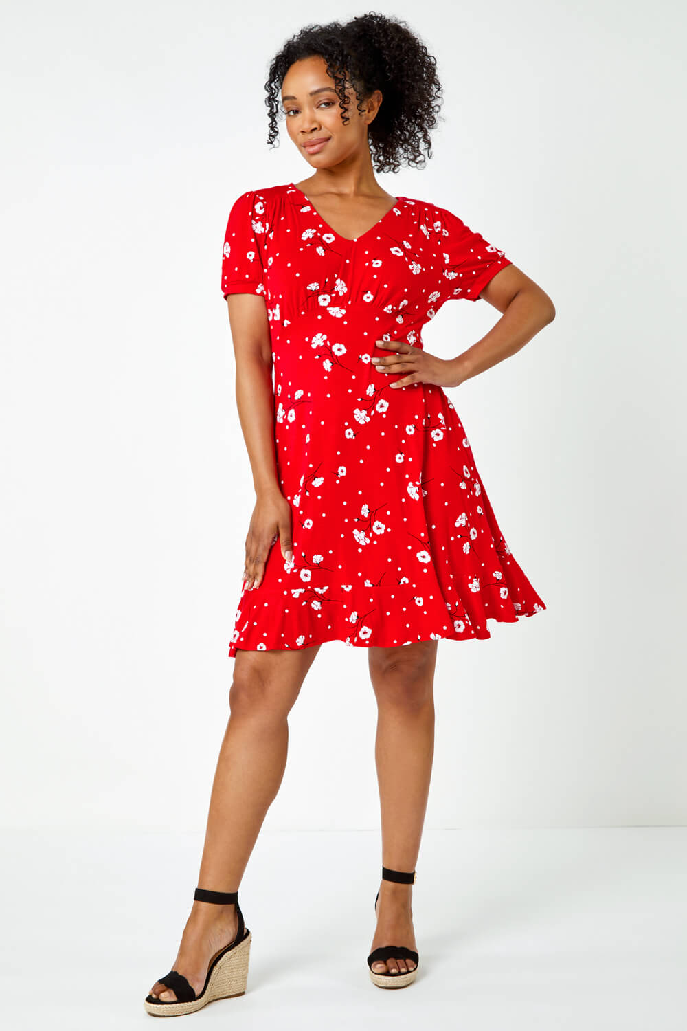 Red Petite Floral Puff Sleeve Frill Hem Dress , Image 2 of 5