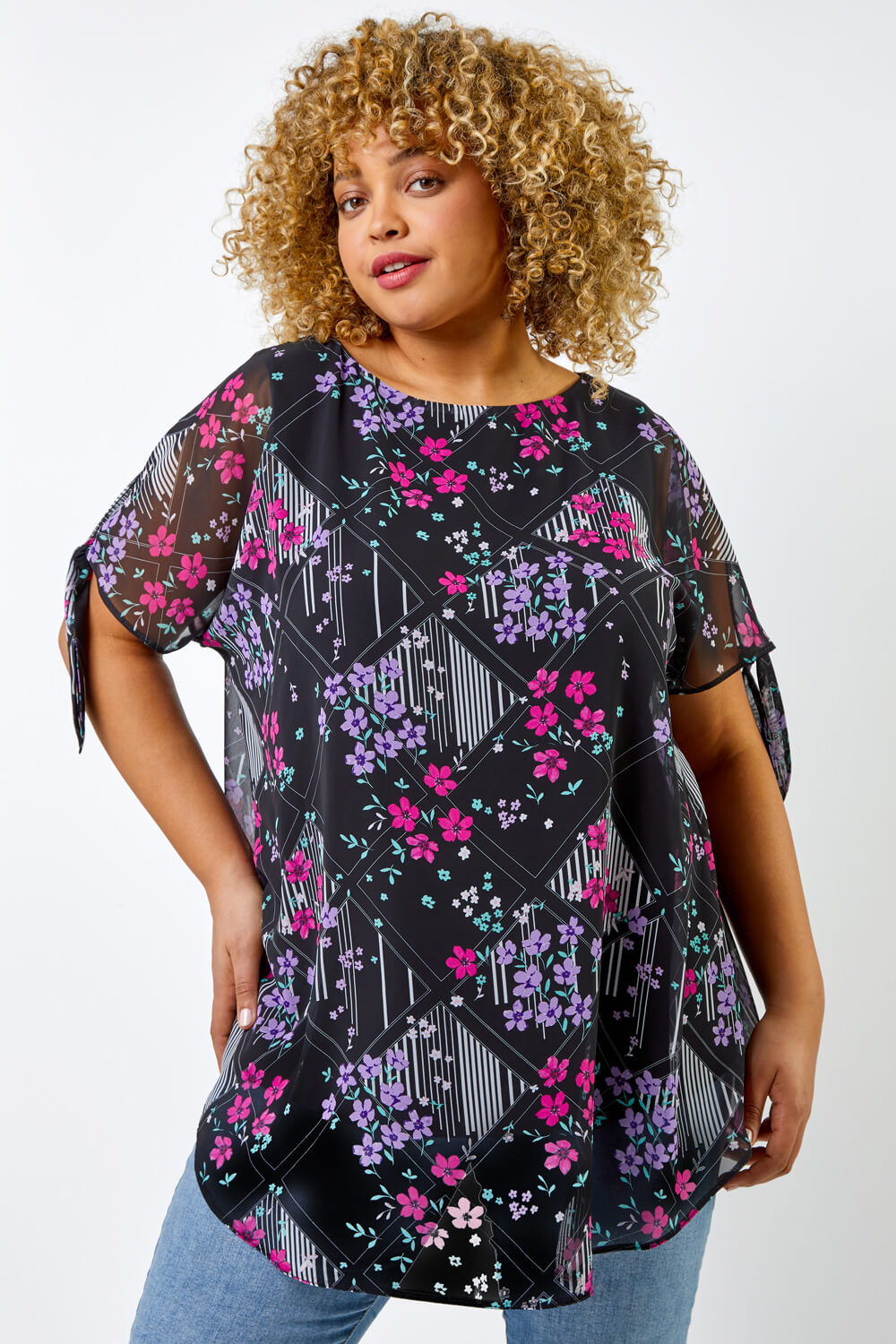 Curve Floral Print Chiffon Overlay Top