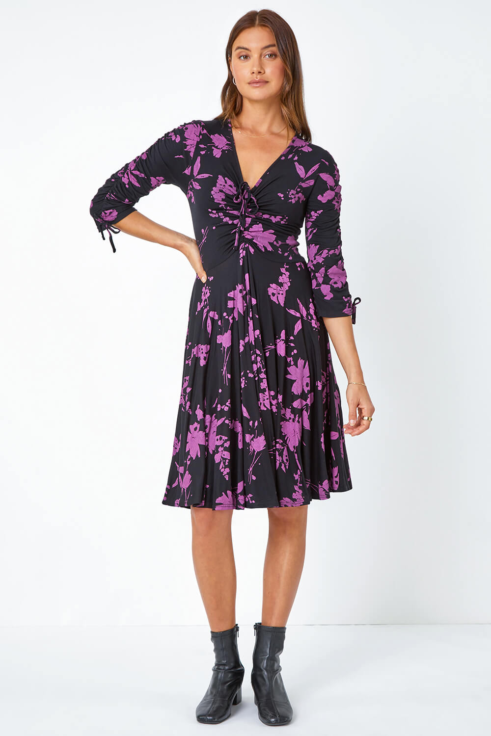 Mauve Floral Shadow Print Ruched Stretch Dress, Image 2 of 5