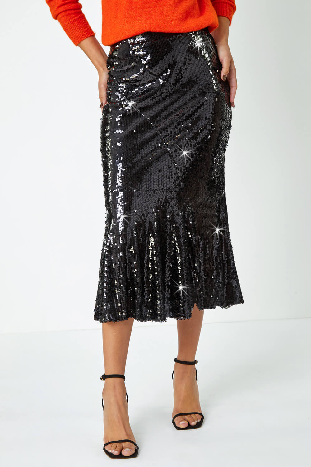 Sequin Embellished Fluted Midi Skirt