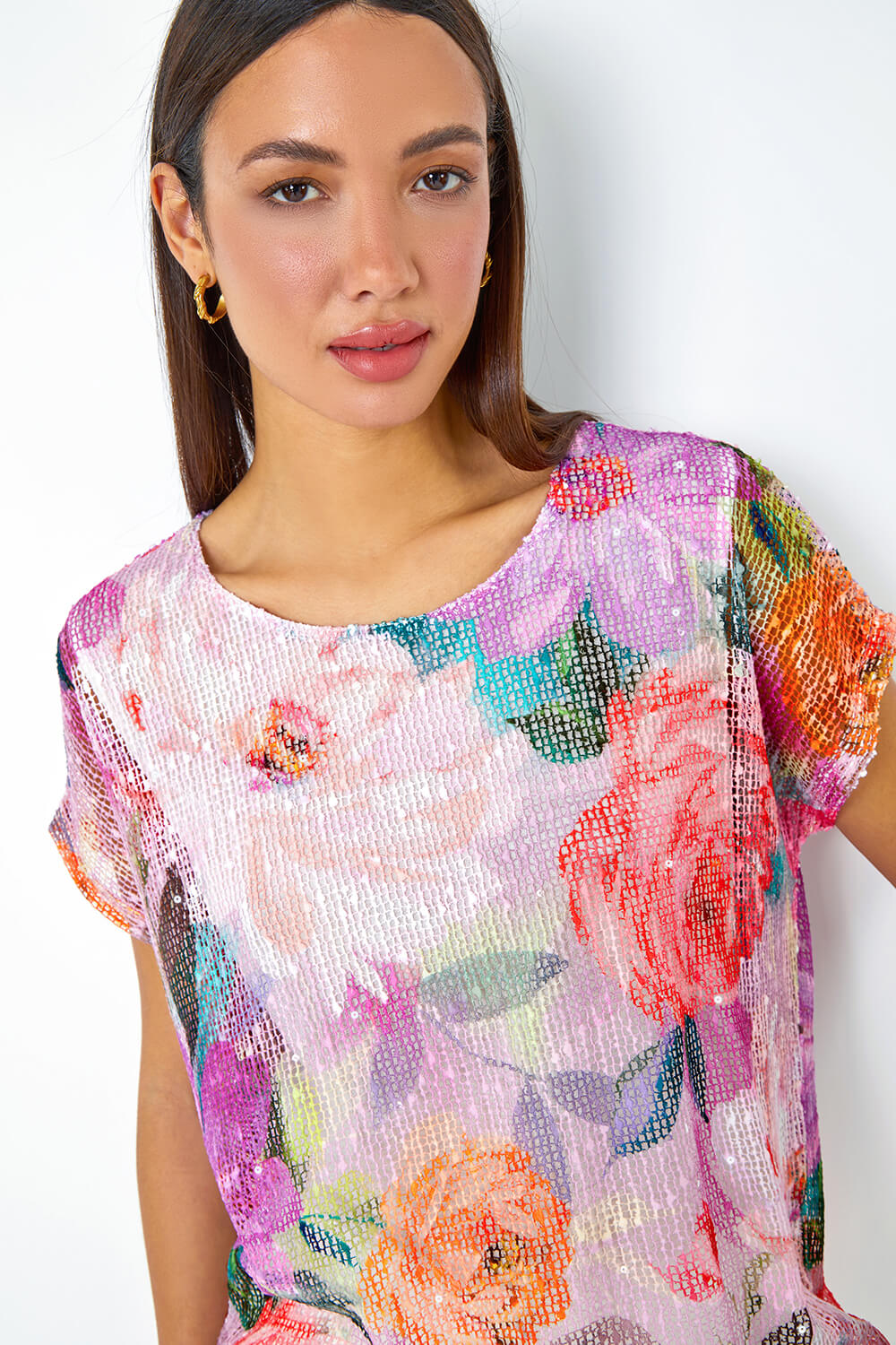 Mesh Overlay Floral Print T-Shirt