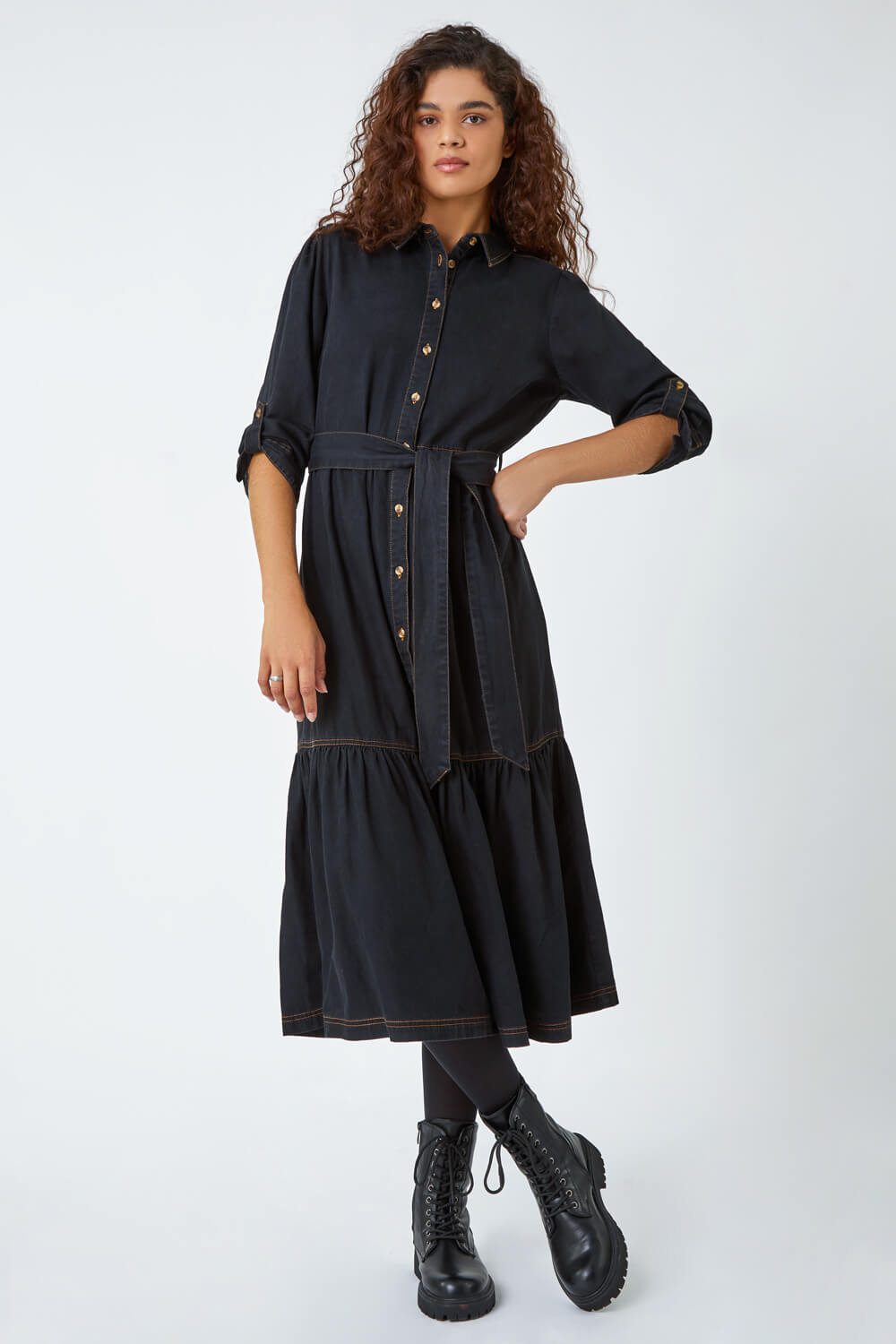 Black Cotton Blend Denim Tiered Midi Dress, Image 2 of 5
