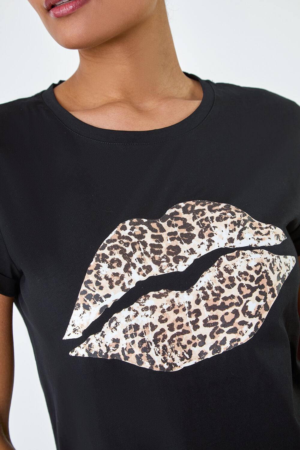 Black Animal Print Lips Stretch T-Shirt, Image 5 of 5