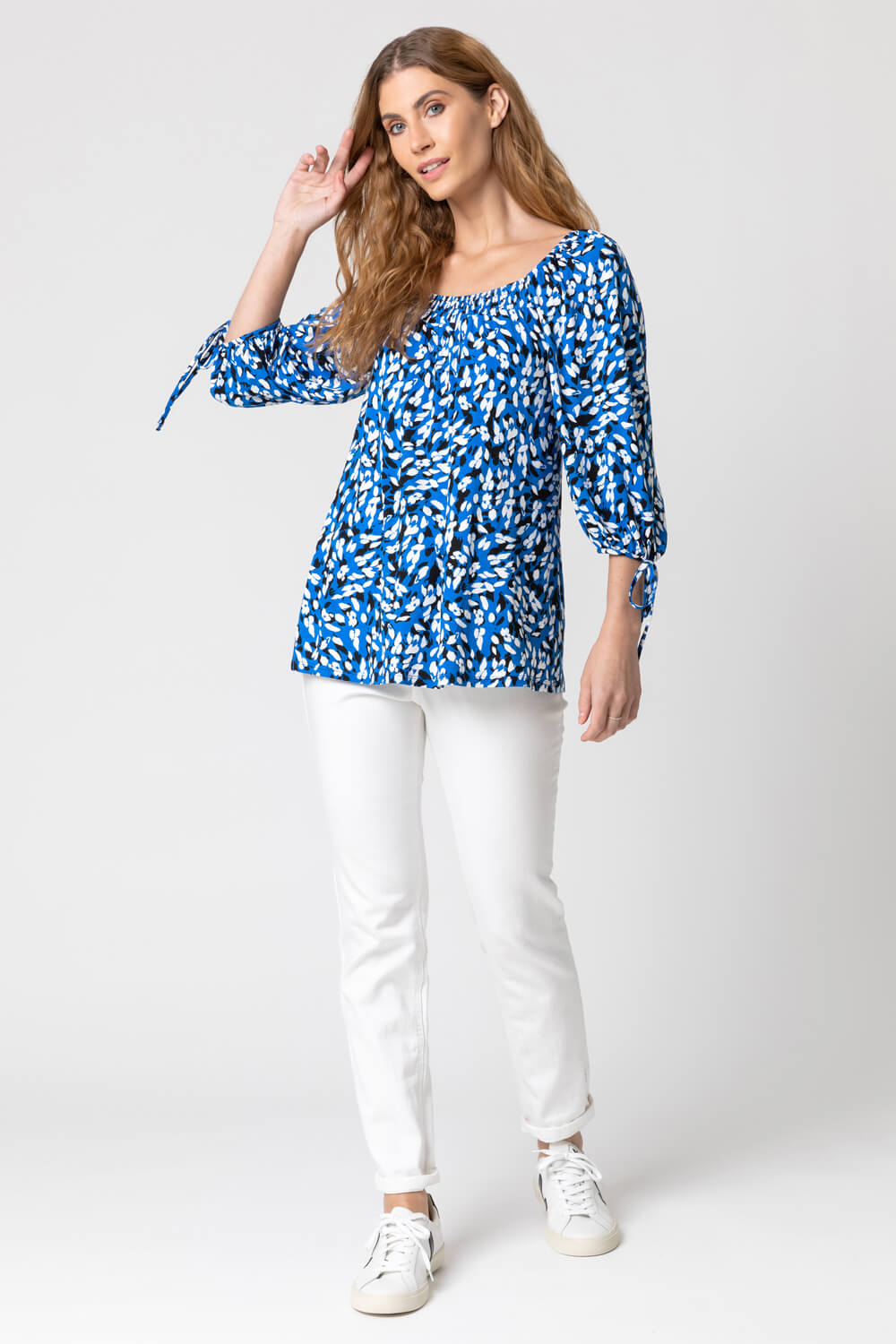 Royal Blue Abstract Spot Print Square Neck Top, Image 3 of 4