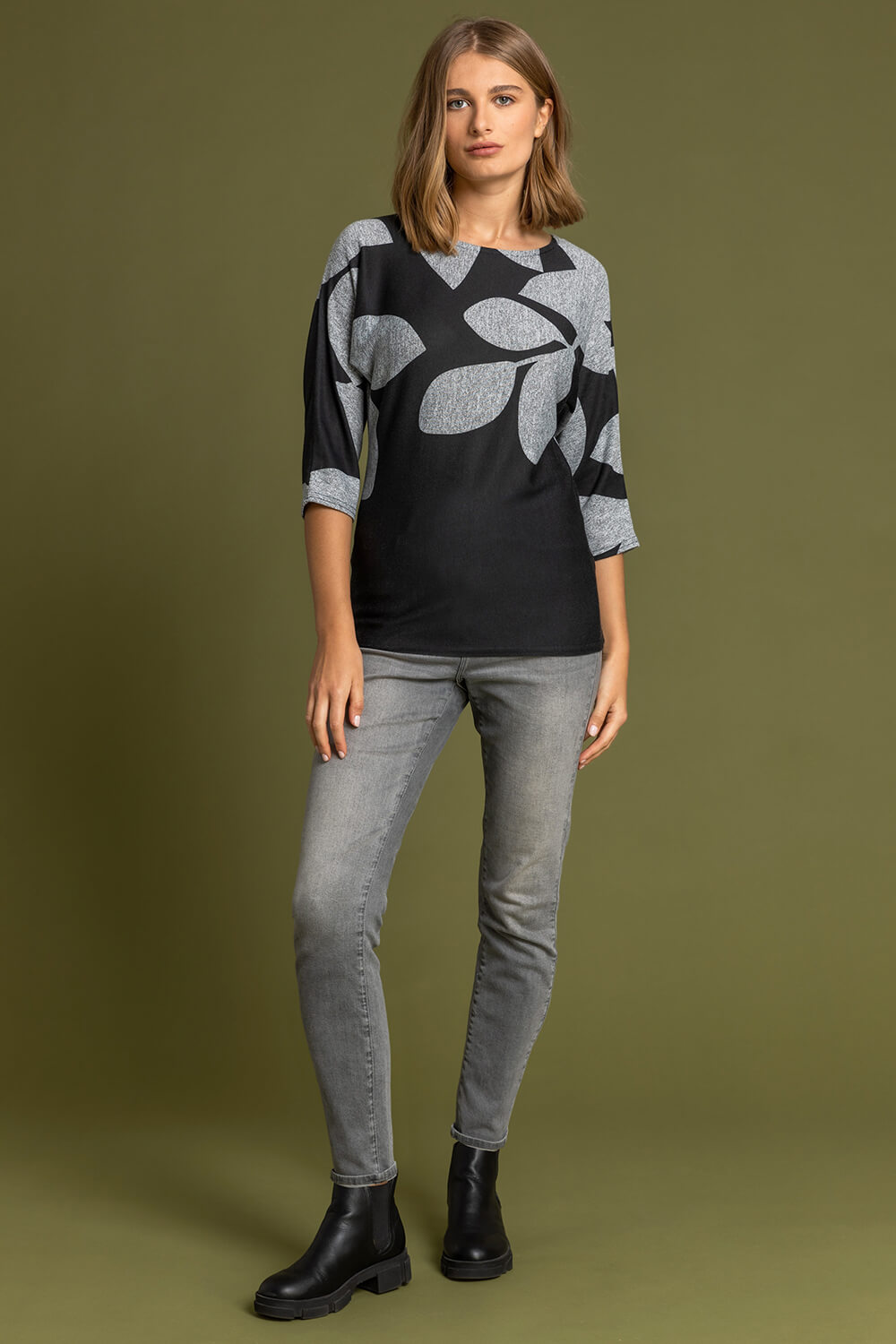 Grey Floral Colour Block Jersey Top, Image 3 of 4