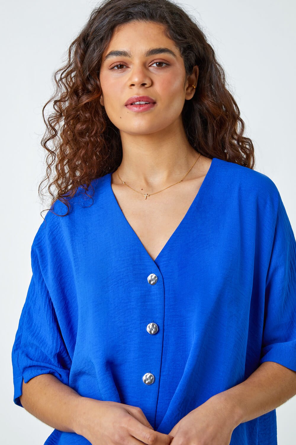 Royal Blue Button Front Twist Detail Top, Image 4 of 5