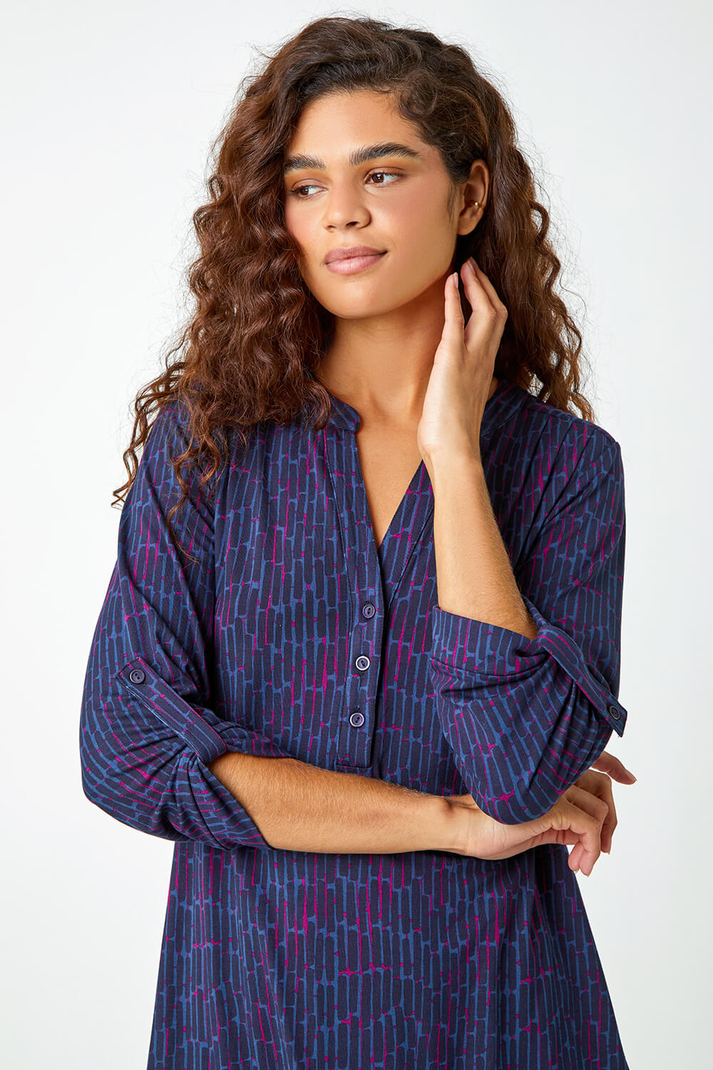 Midnight Blue Abstract Print Stretch Shirt Top, Image 4 of 5