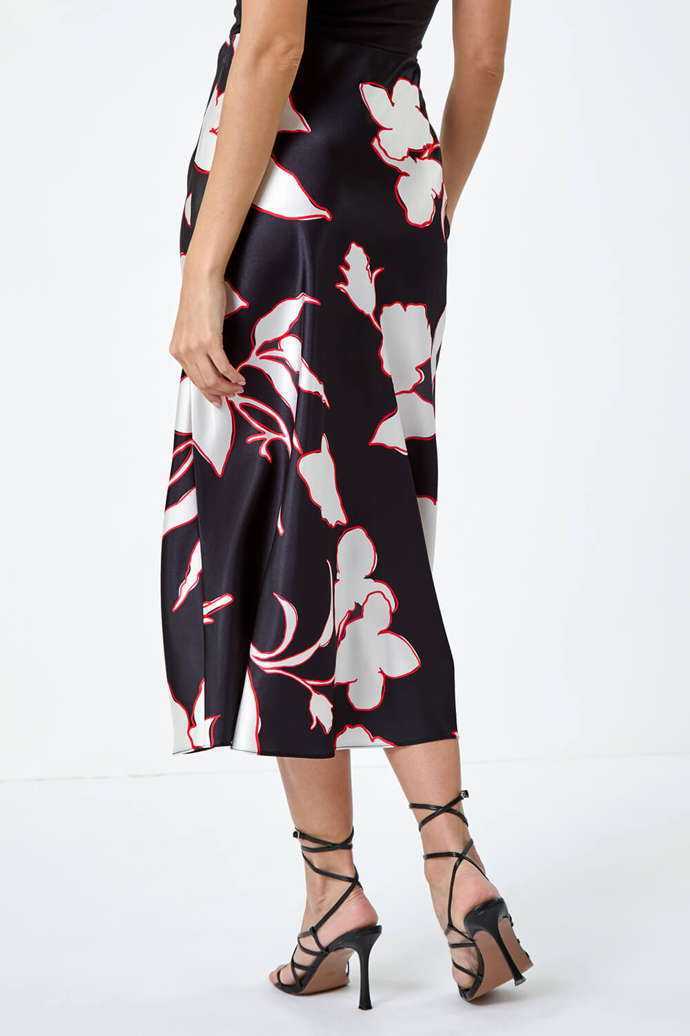 Black Floral Satin Elastic Waist A Line Midi Skirt, Image 2 of 6