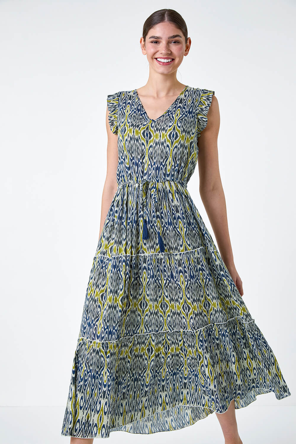 Navy  Aztec Frill Detail Tiered Maxi Dress, Image 4 of 5