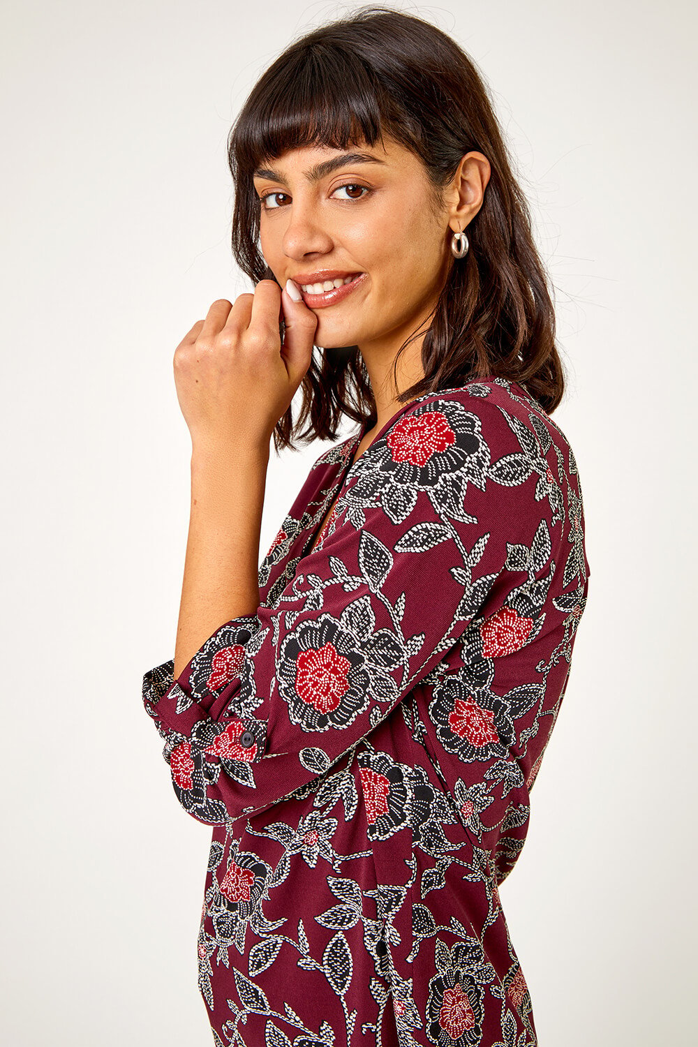 Wine Textured Floral Print Stretch Shirt , Image 5 of 5