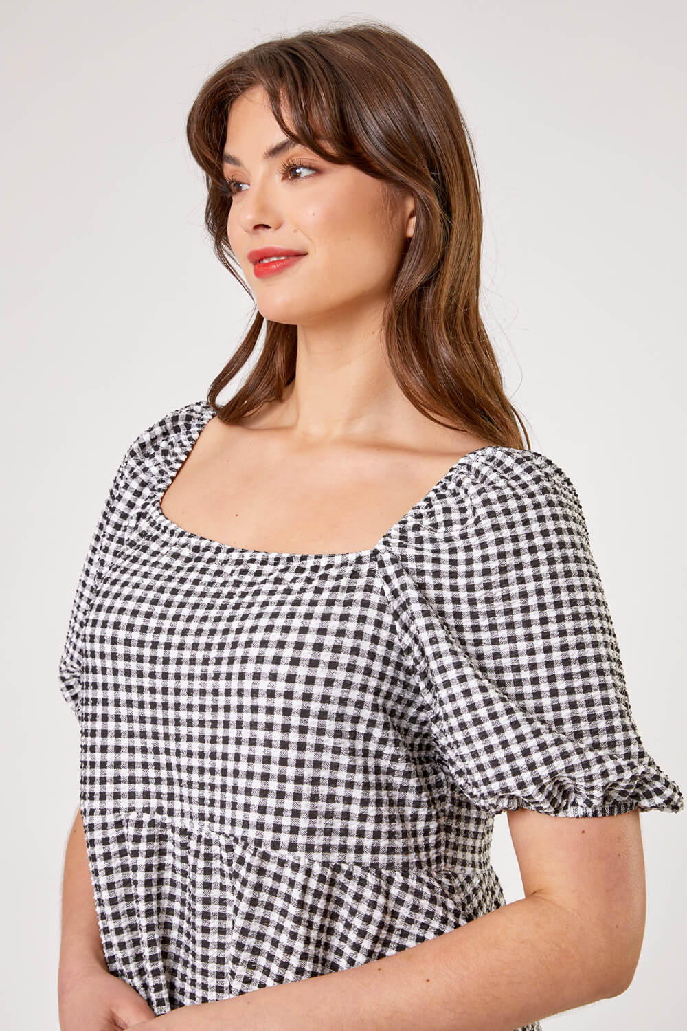 Black Curve Gingham Print Tiered Dress, Image 4 of 5