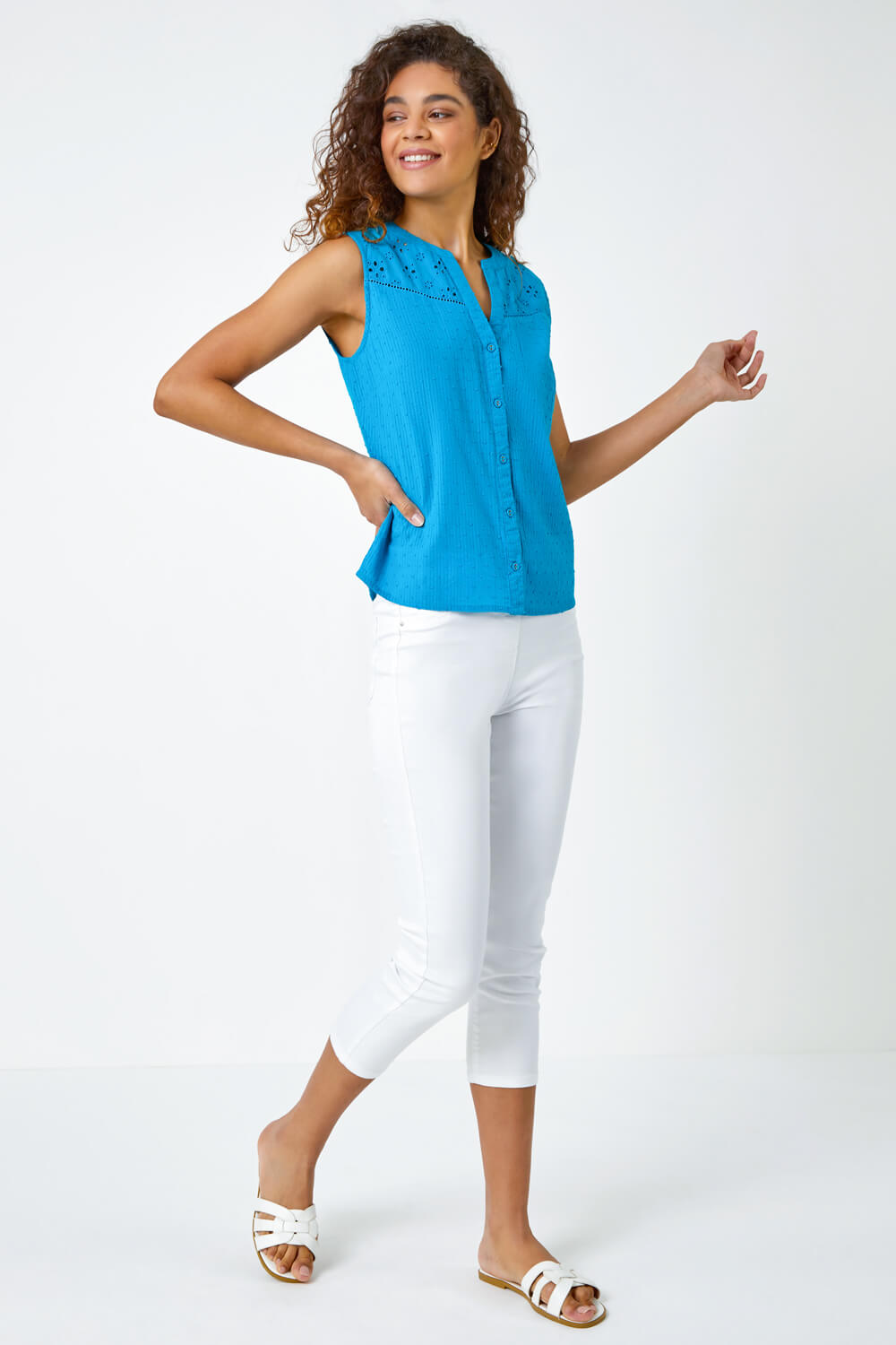 Teal Sleeveless Embroidered Cotton Blouse, Image 2 of 5