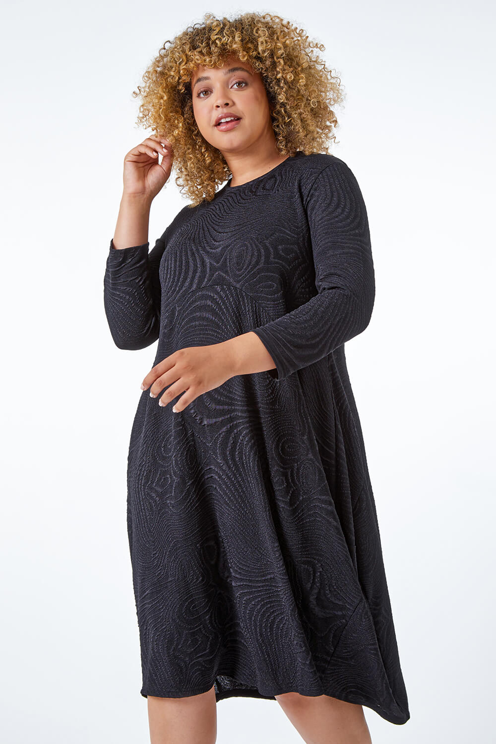 Curve Swirl Texture Cocoon Dress in Black - Roman Originals UK