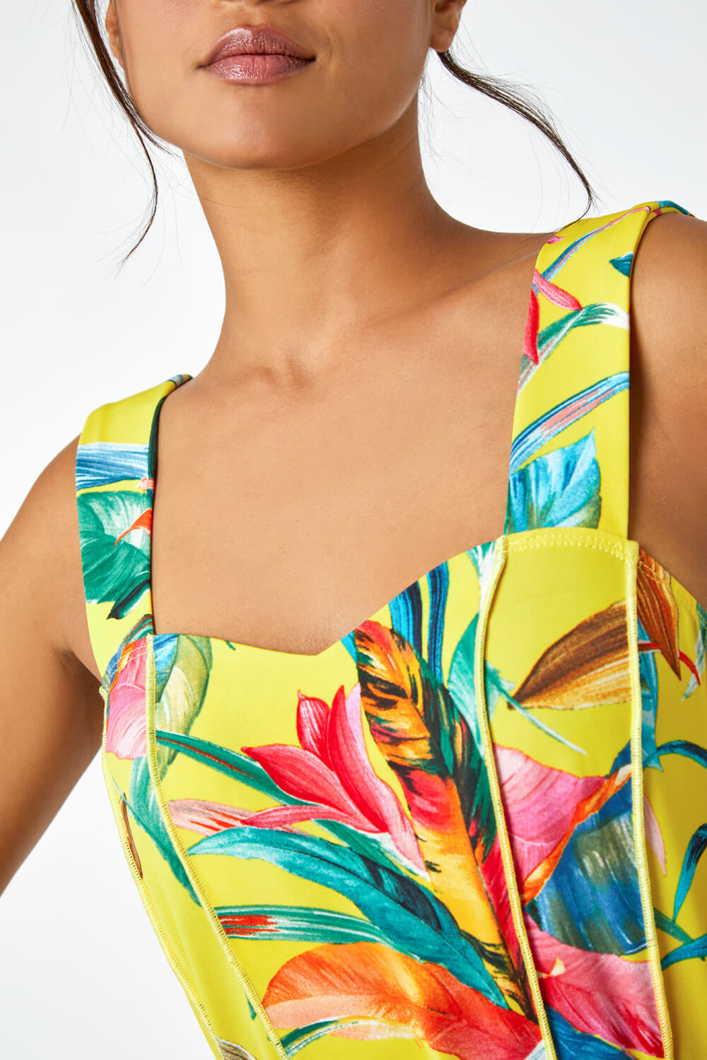 Yellow Tropical Print Stretch Panel Dress, Image 5 of 5