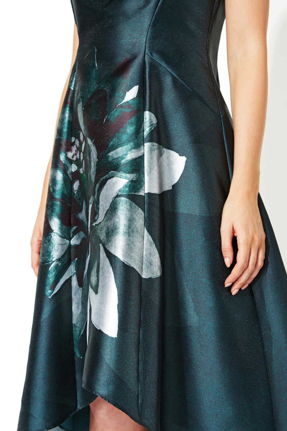 Emerald Floral Print Dipped Hem Midi Dress, Image 3 of 4