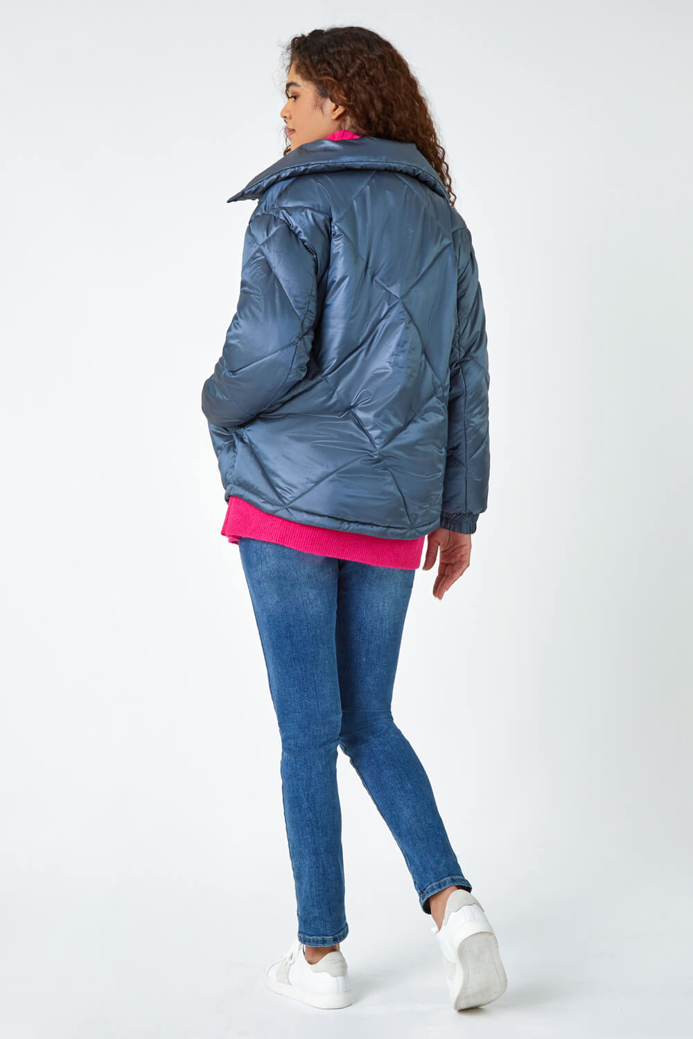 Steel Blue Diamond Quilted Puffer Coat, Image 3 of 5
