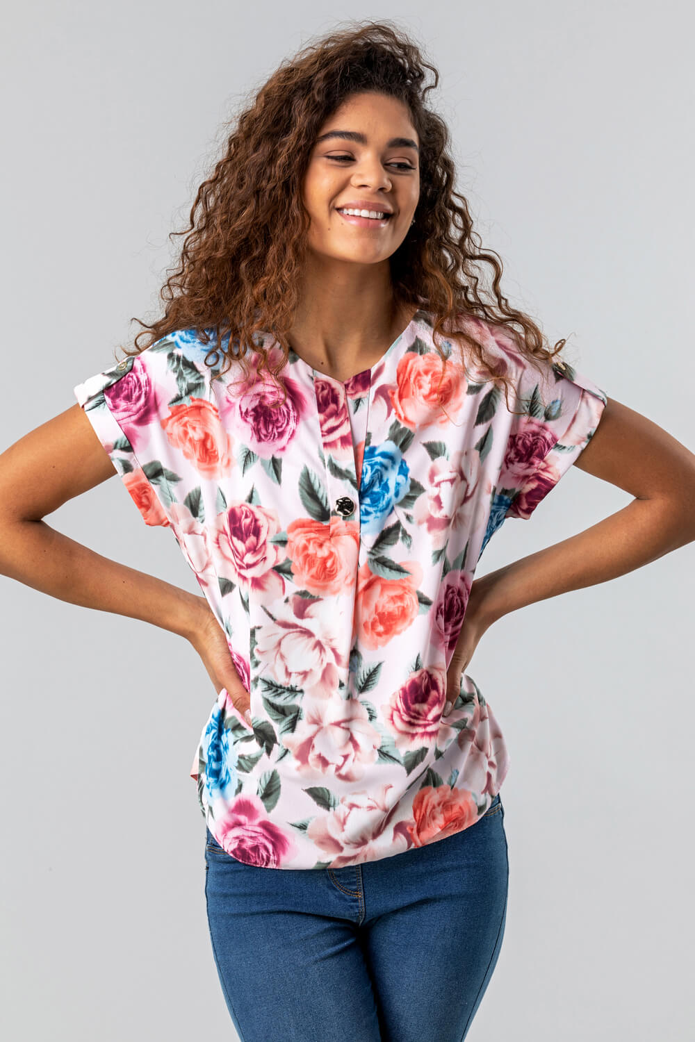 Light Pink Button Neck Floral Print Top, Image 5 of 5