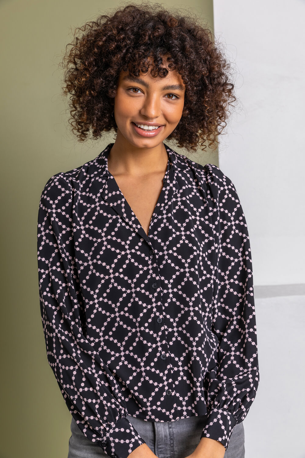 Black Spot Print Buttoned Blouse, Image 4 of 5