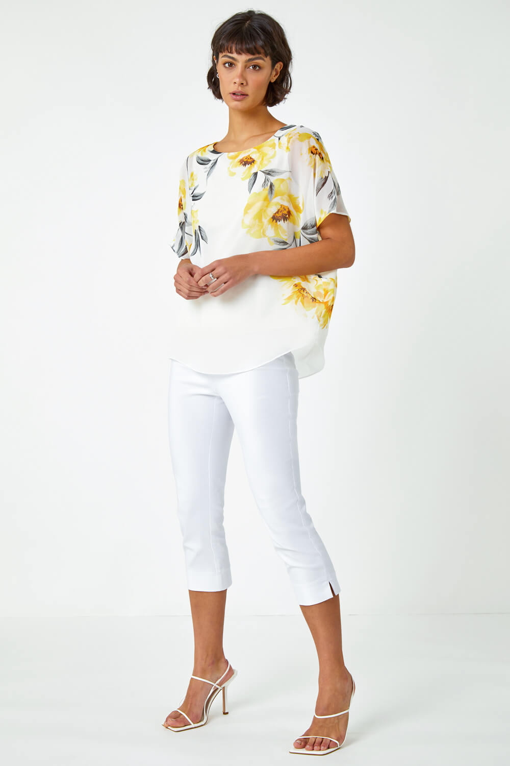 Ivory  Floral Border Print Overlay Top, Image 4 of 5