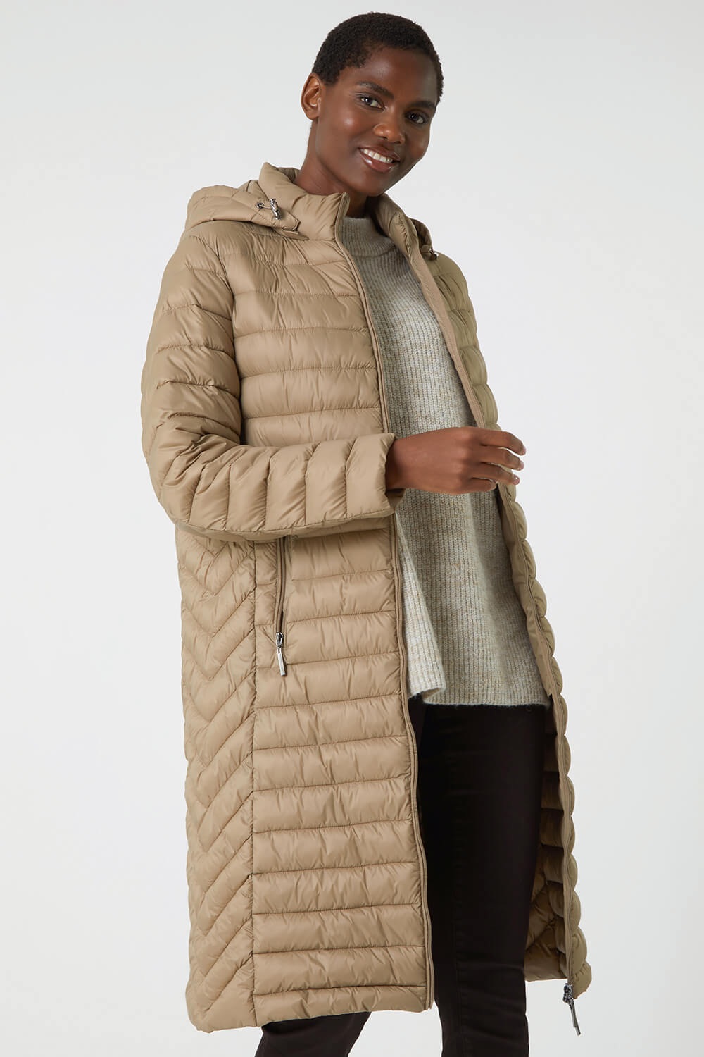 Natural  Longline Hooded Padded Coat, Image 2 of 5