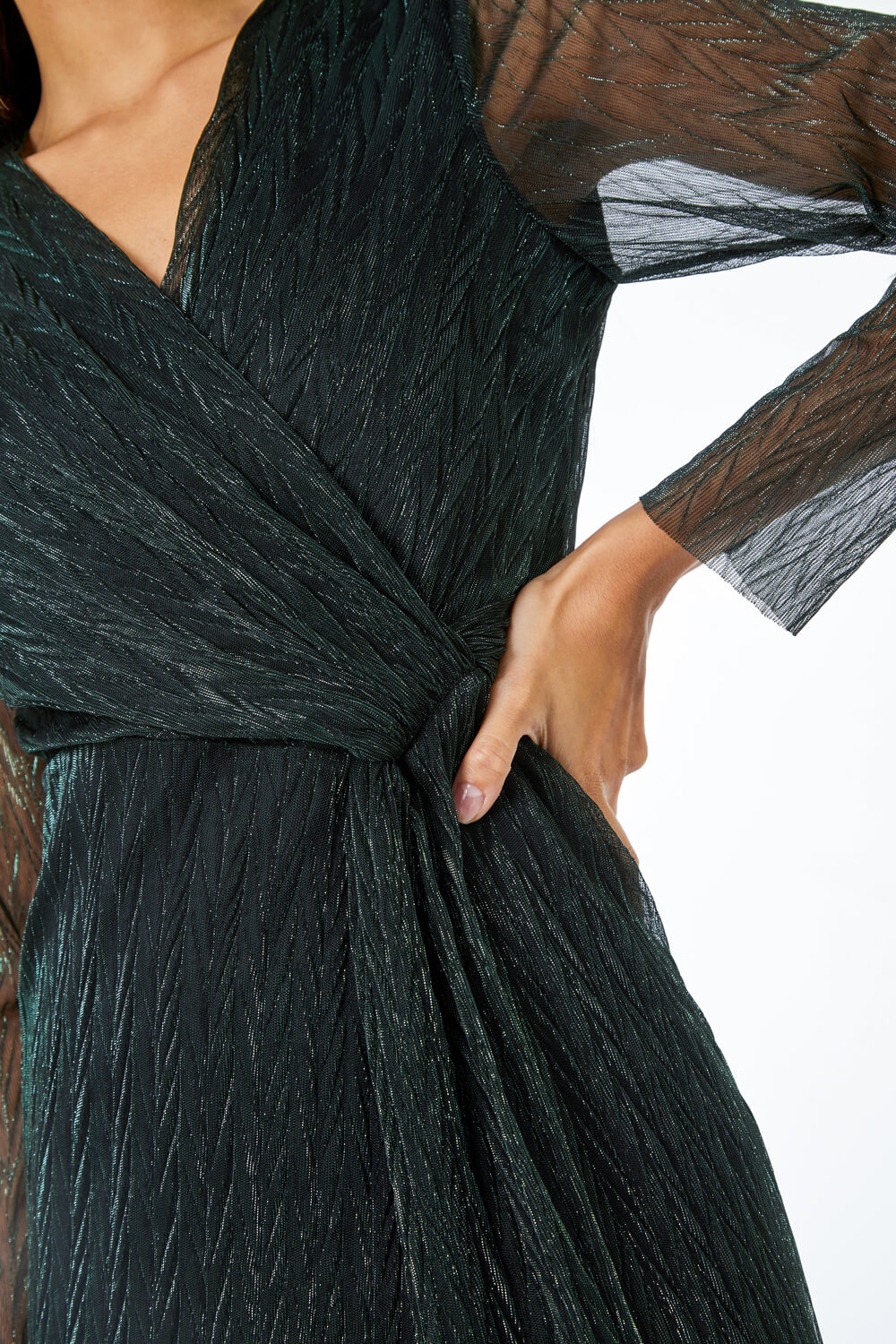 Dark Green Metallic Shimmer Midi Wrap Dress, Image 5 of 5