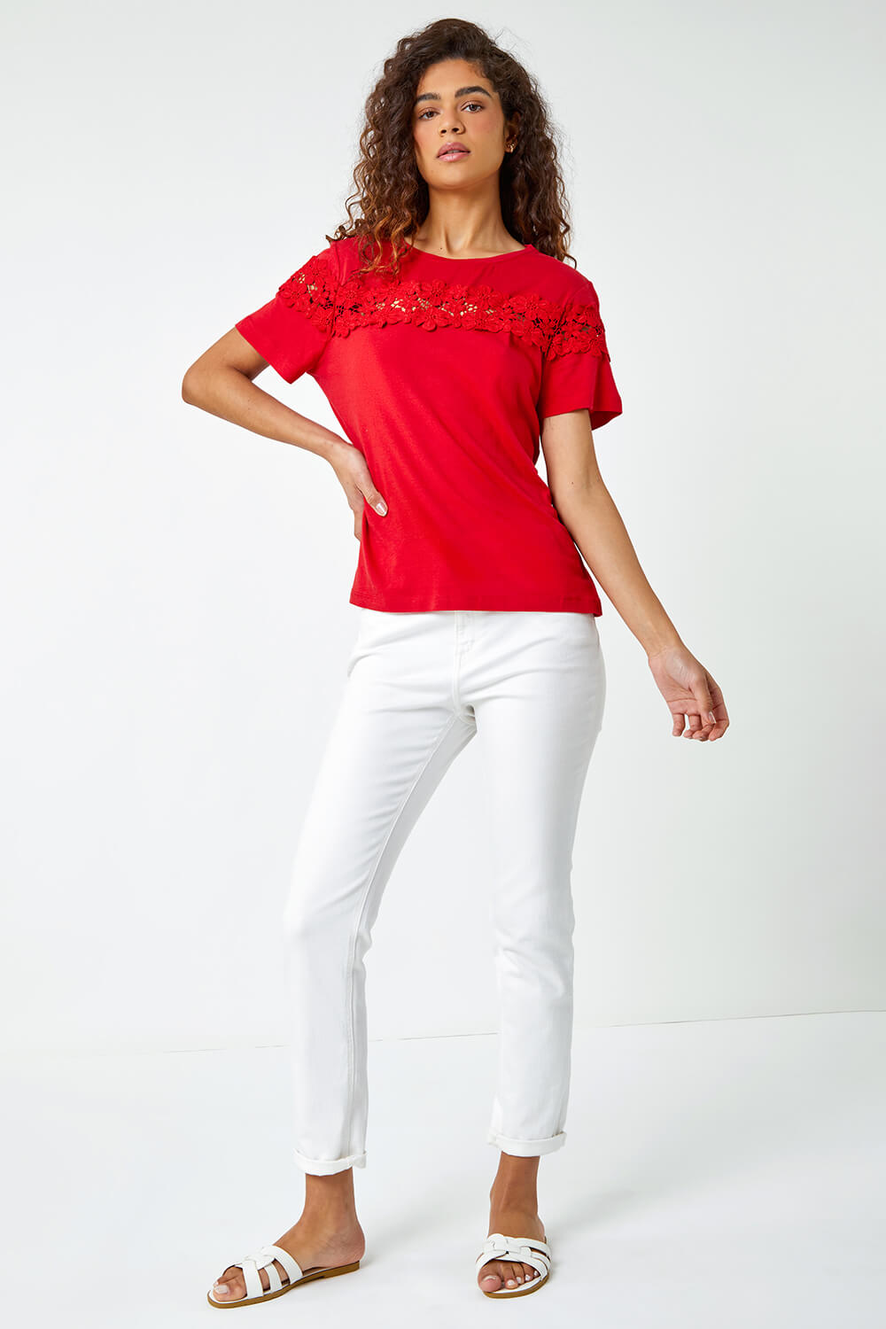 Red Lace Detail Jersey T-Shirt, Image 2 of 6