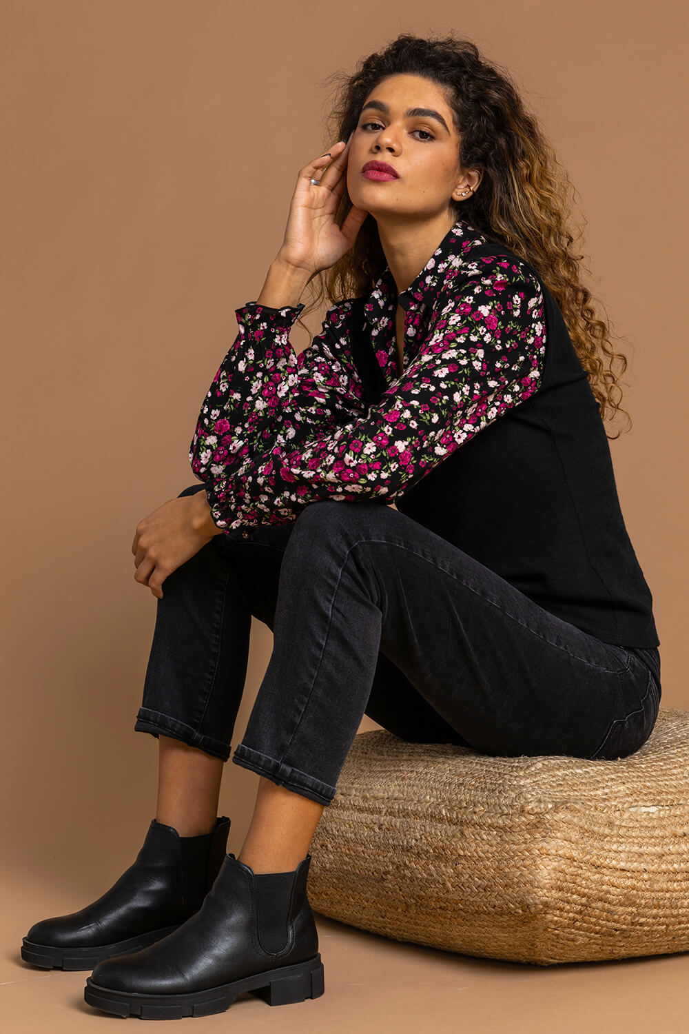 Black Floral Print Sweater Vest Long Sleeve Top, Image 4 of 5