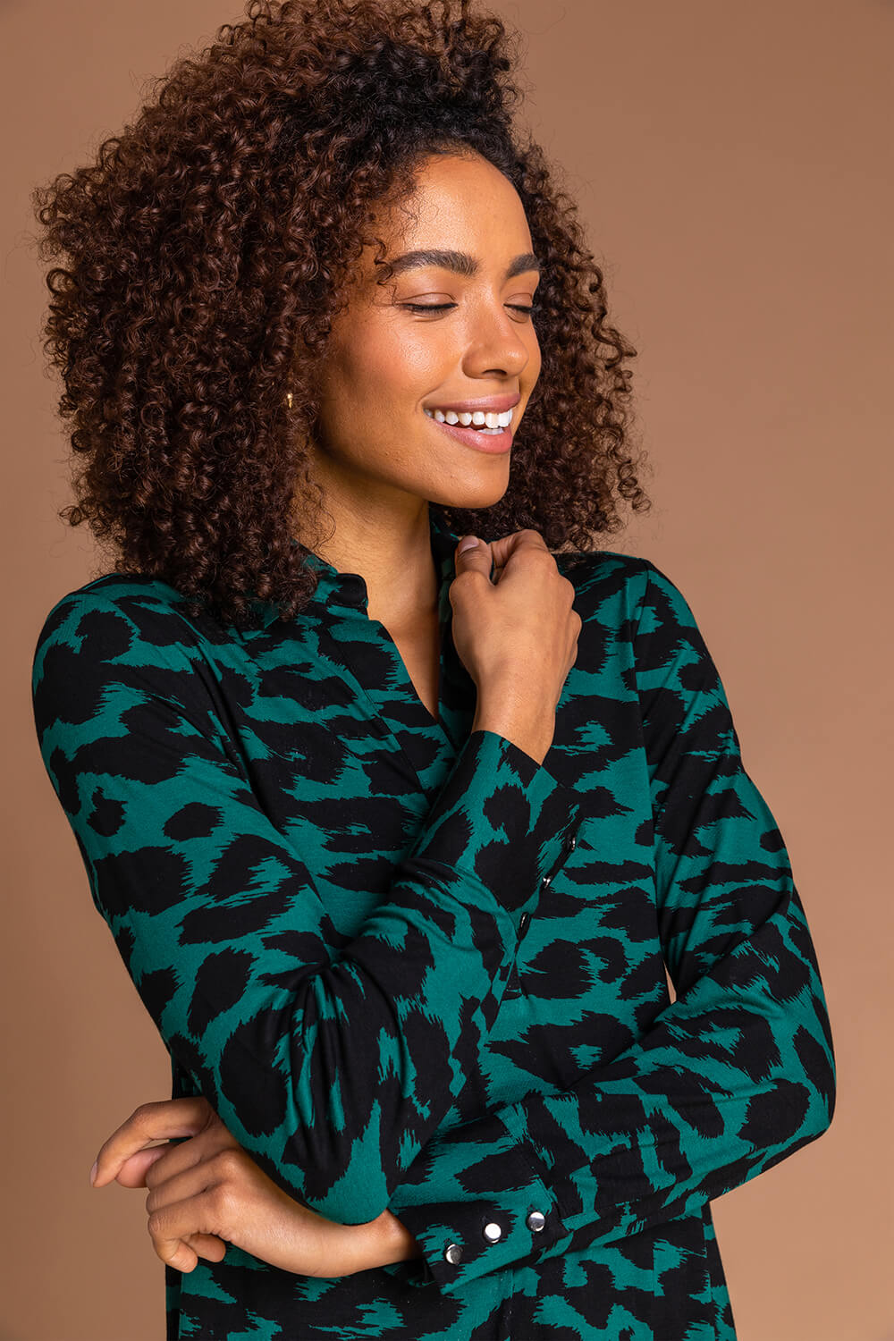 Forest  Leopard Print Button Up Long Sleeve Blouse, Image 4 of 4