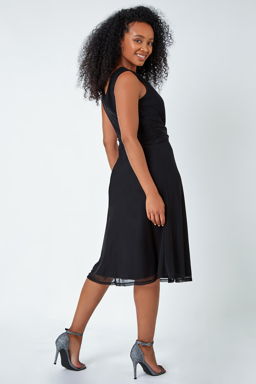 Black Petite Embellished Waist Stretch Dress, Image 3 of 5