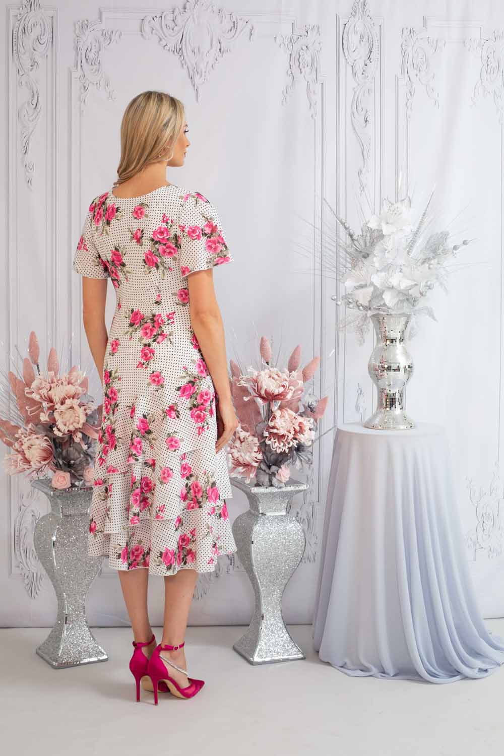 White Julianna Floral Tiered Bias Cut Dress, Image 2 of 4