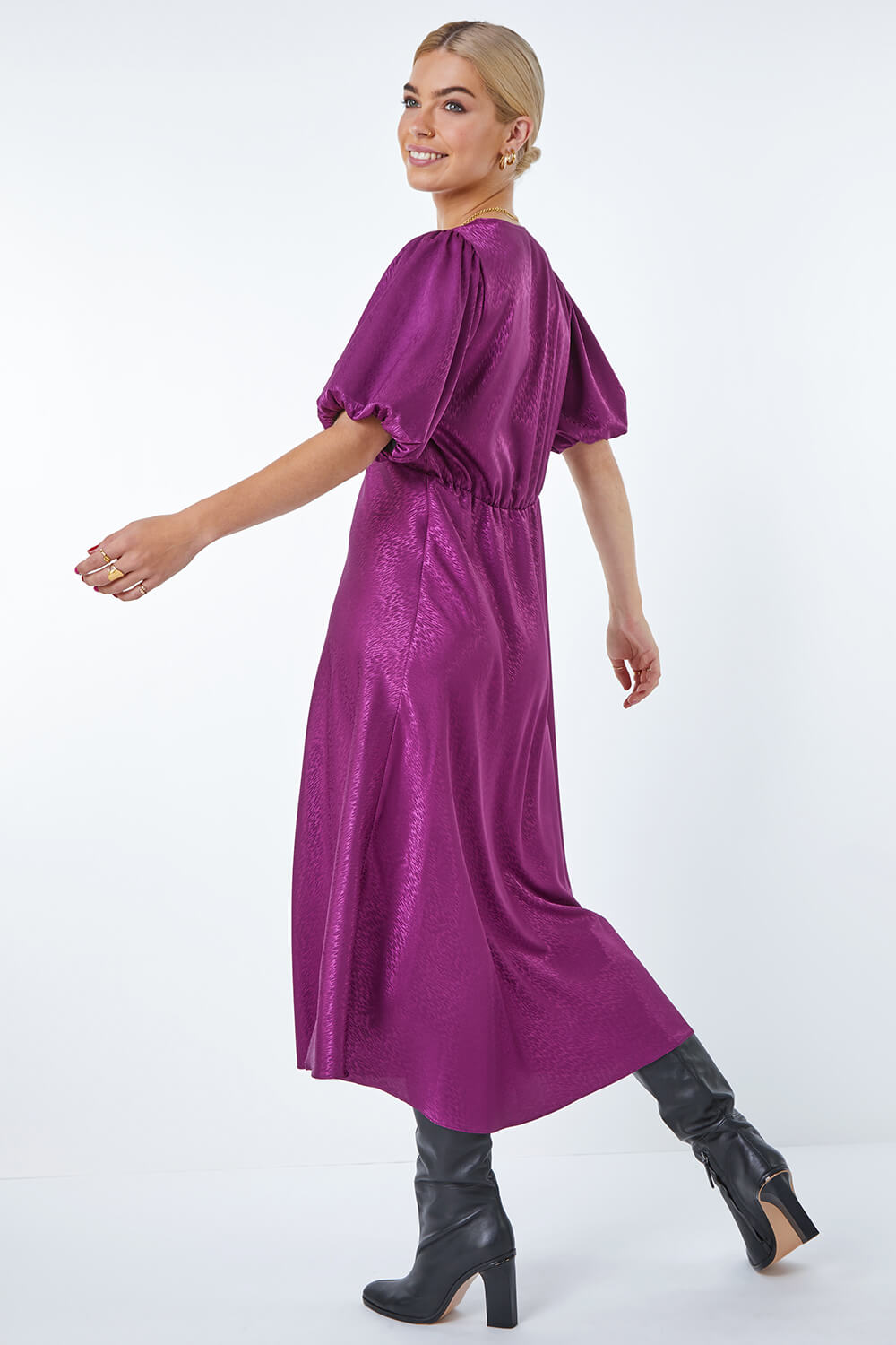  Puff Sleeve Satin Midi Dress, Image 3 of 5