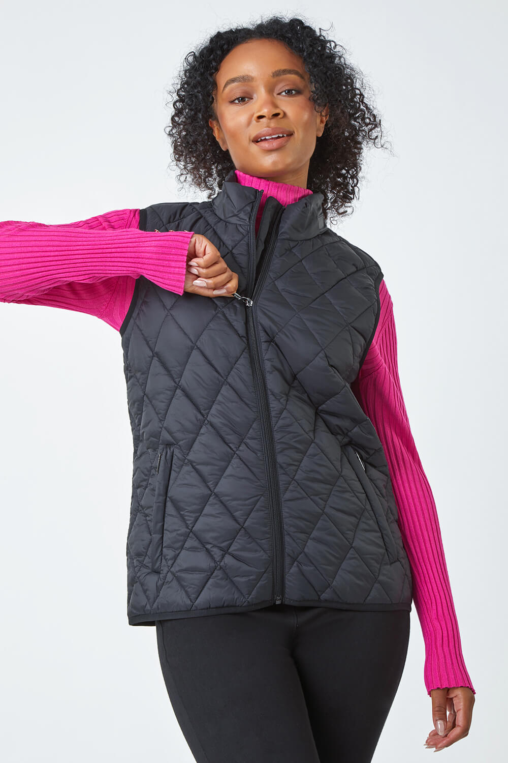 Black Petite Hooded Quilted Gilet , Image 1 of 5