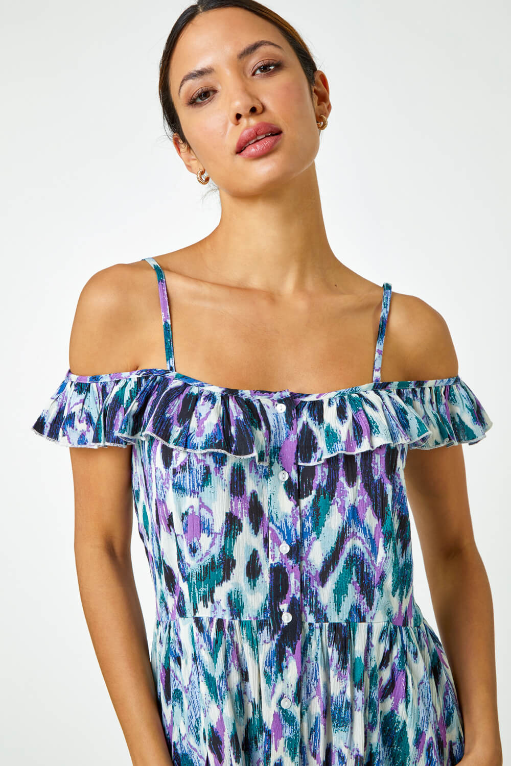 Purple Cold Shoulder Printed Midi Dress, Image 4 of 5