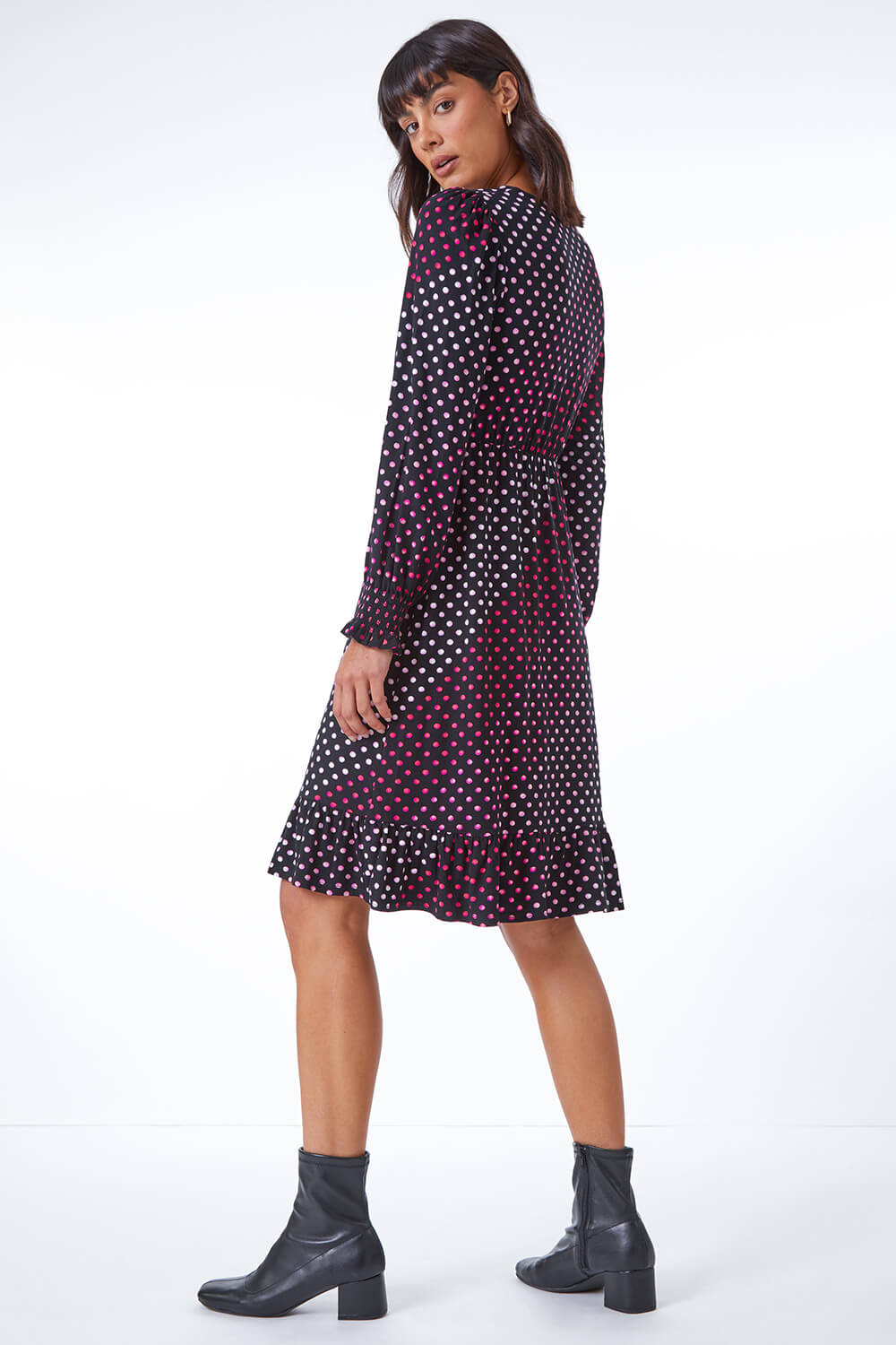 PINK Spot Print Ruched Detail Stretch Dress, Image 3 of 5
