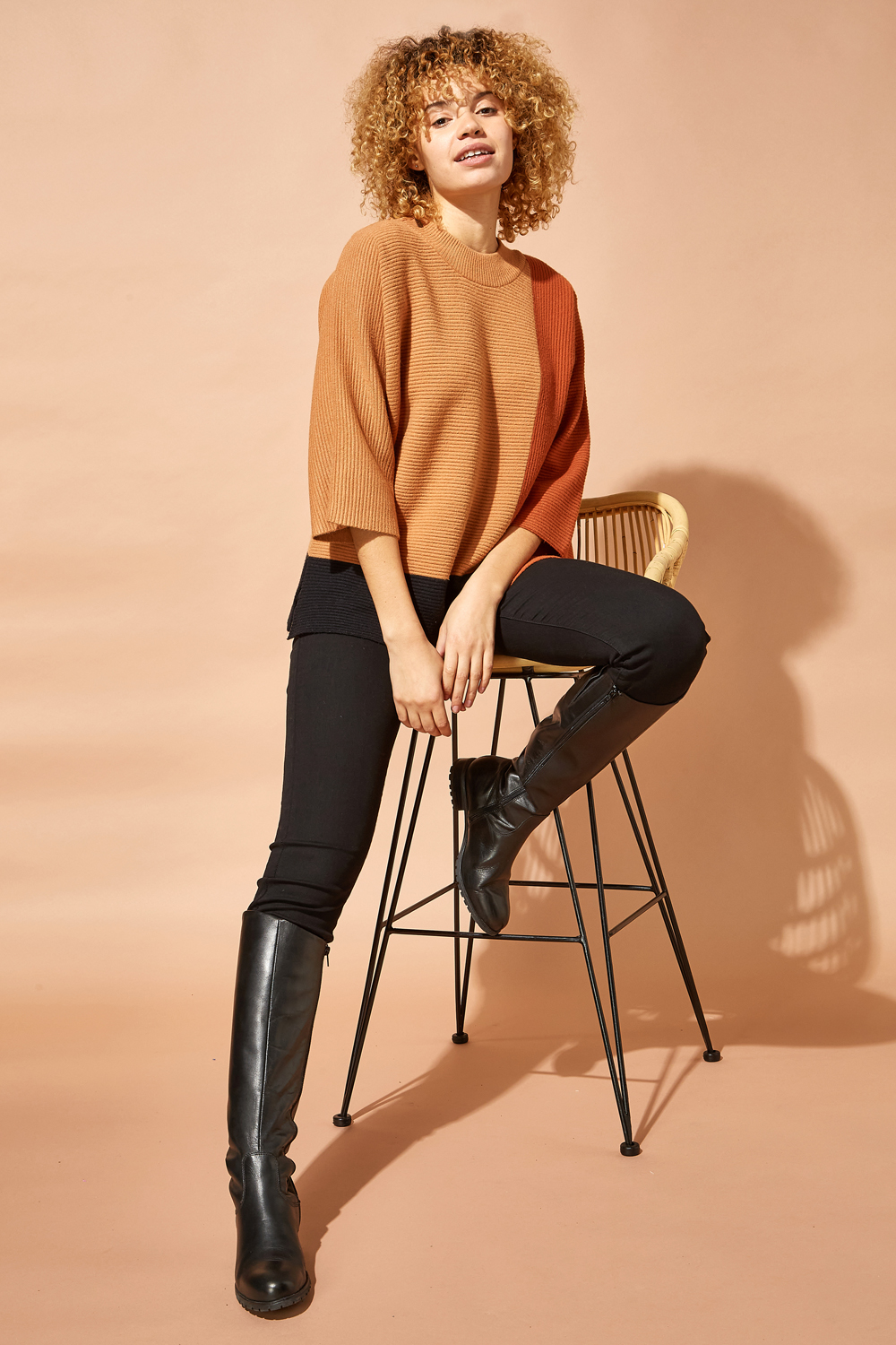 Rust Colour Block Ribbed Jumper, Image 2 of 4