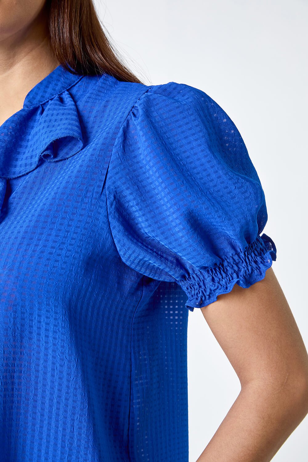 Royal Blue Waffle Textured Frill Detail Top, Image 5 of 5