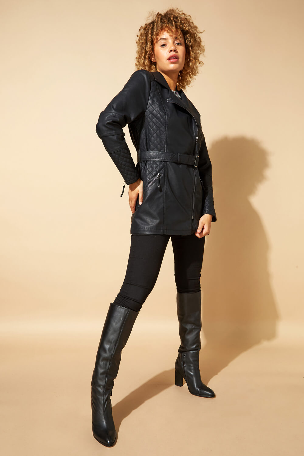 Black Longline Faux Leather Belted Coat, Image 5 of 5