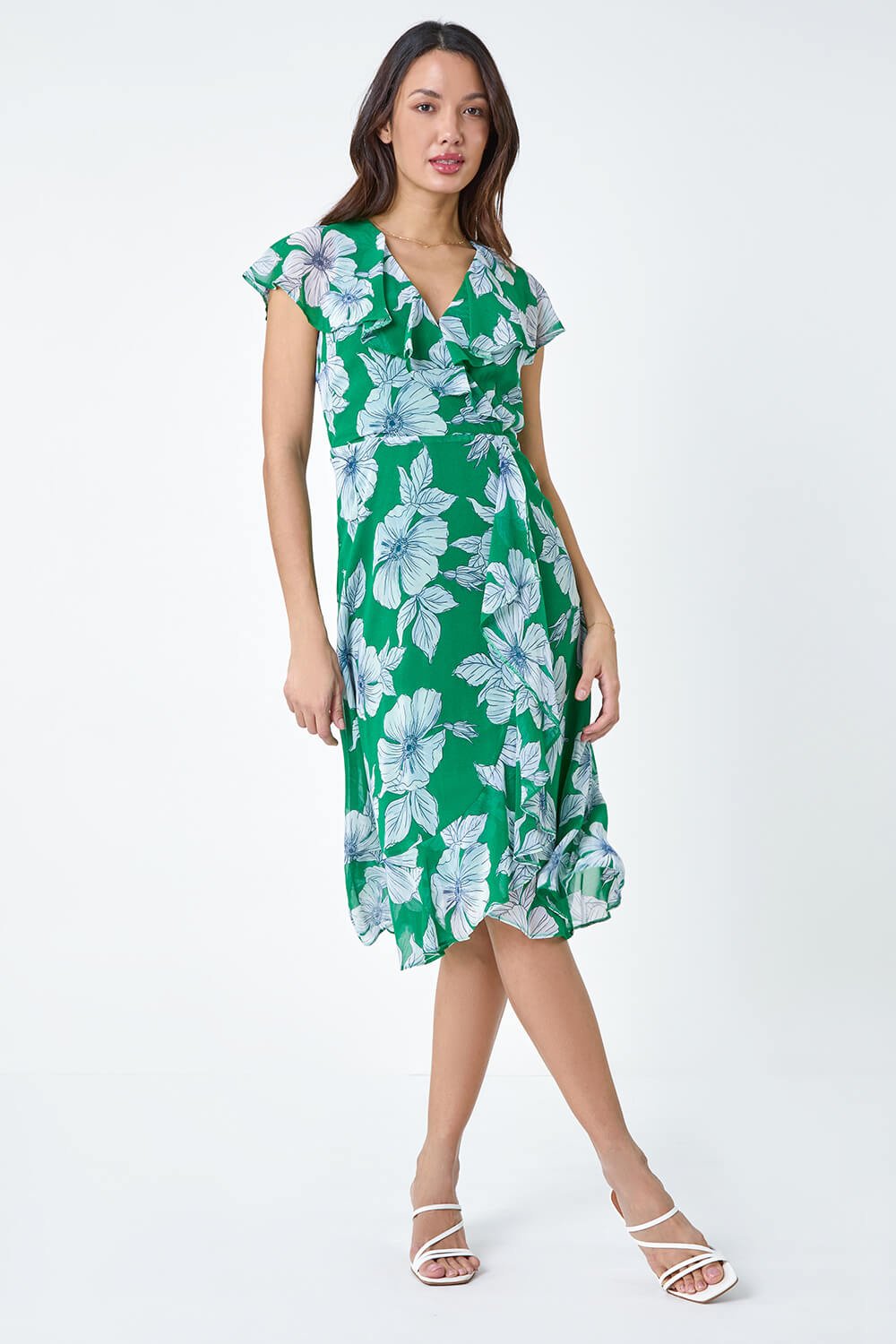 Green Floral Print Frill Midi Dress, Image 2 of 5
