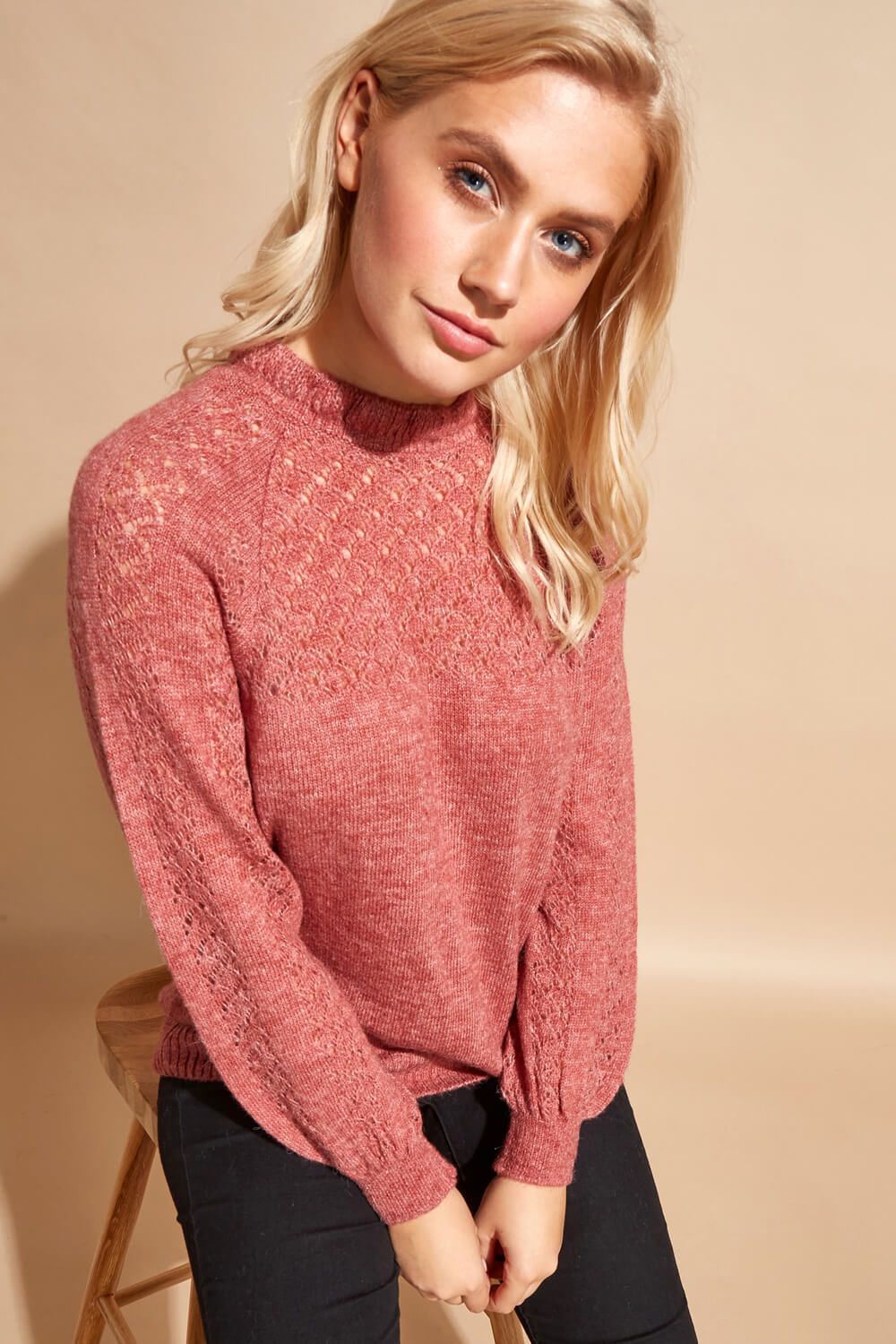 Biscuit Frill Neck Pointelle Knitted Jumper, Image 4 of 4